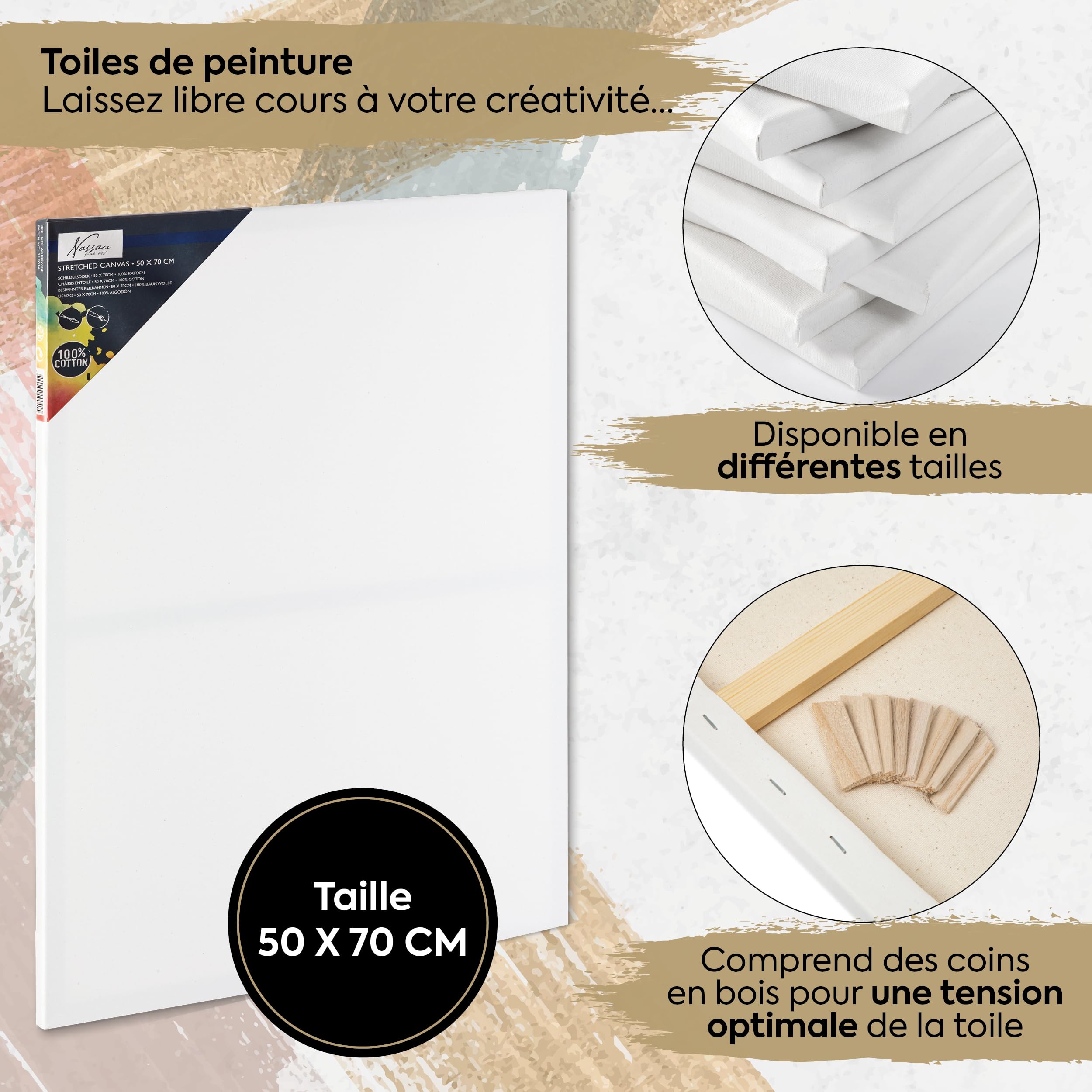 Toiles de Peinture Van Nassau Fine Art | Lot de 12 toiles à peindre | 50 x 70 cm | Châssis petit/grand | Carton de peinture | Peinture acrylique, à l'huile et à l'aquarelle - 100% coton sans acide