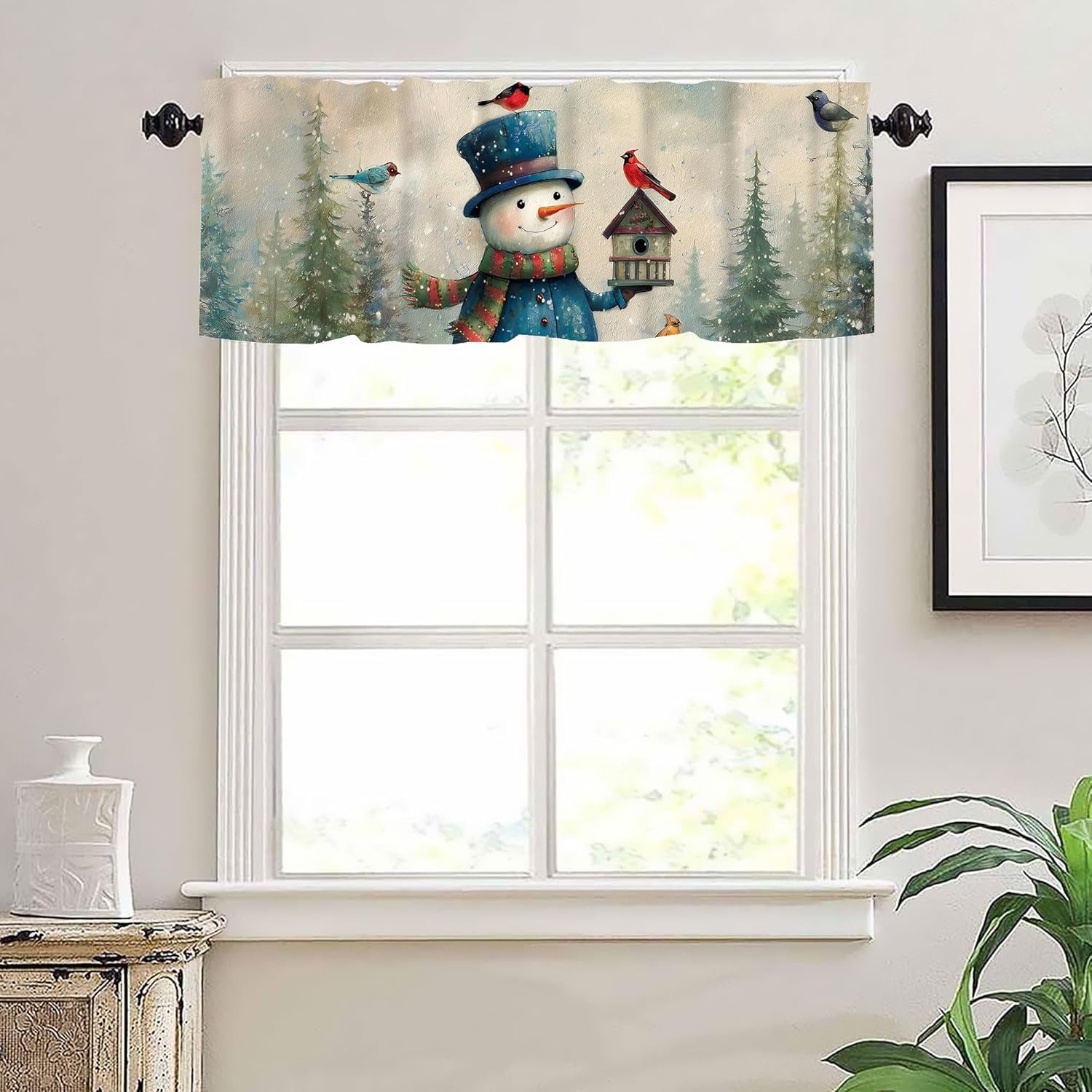 Snowman Valances for Windows 2 Pack,Rod Pocket Valance Curtains,Small Window Treatment Valances for Kitchen Living Room,Bedroom,Bathroom,Home Decor,18x52 Inch,2 Panel,Christmas Cardinal Tree Natural