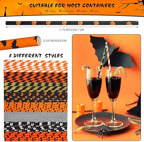 Miniatura 5 de 500 pajitas de papel de Halloween, 8 estilos, desechables, color negro y naranja, rayas bicolor, mezcla de pajitas para fiestas de Halloween