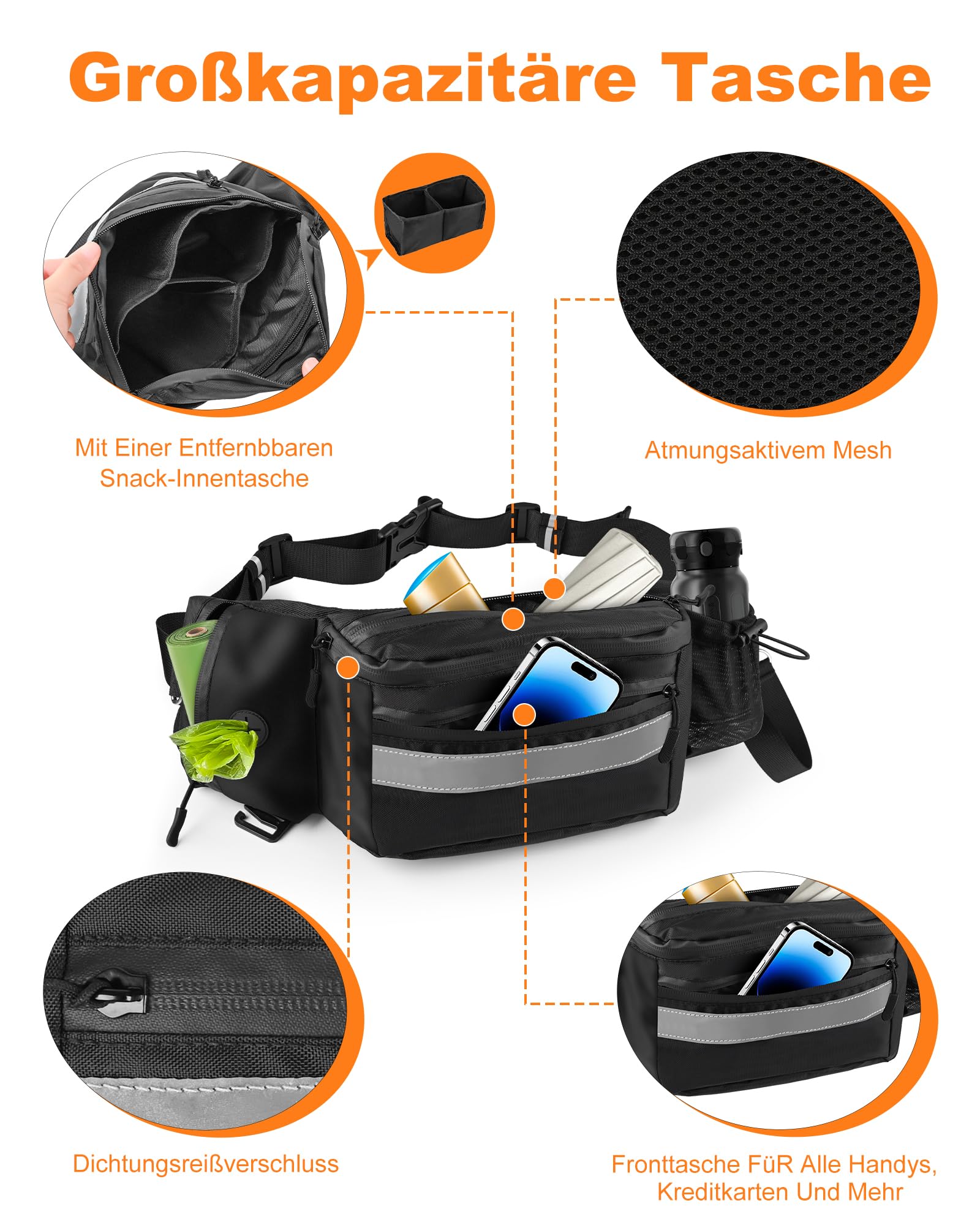 Leckerlibeutel für Hunde – Futterbeutel Hundetraining, Bauchtasche Gassi Tasche mit Abnehmbarer Innentasche, Wasserdicht, Kotbeutelspender, Reflektorband & Handyfach, Hundezubehör
