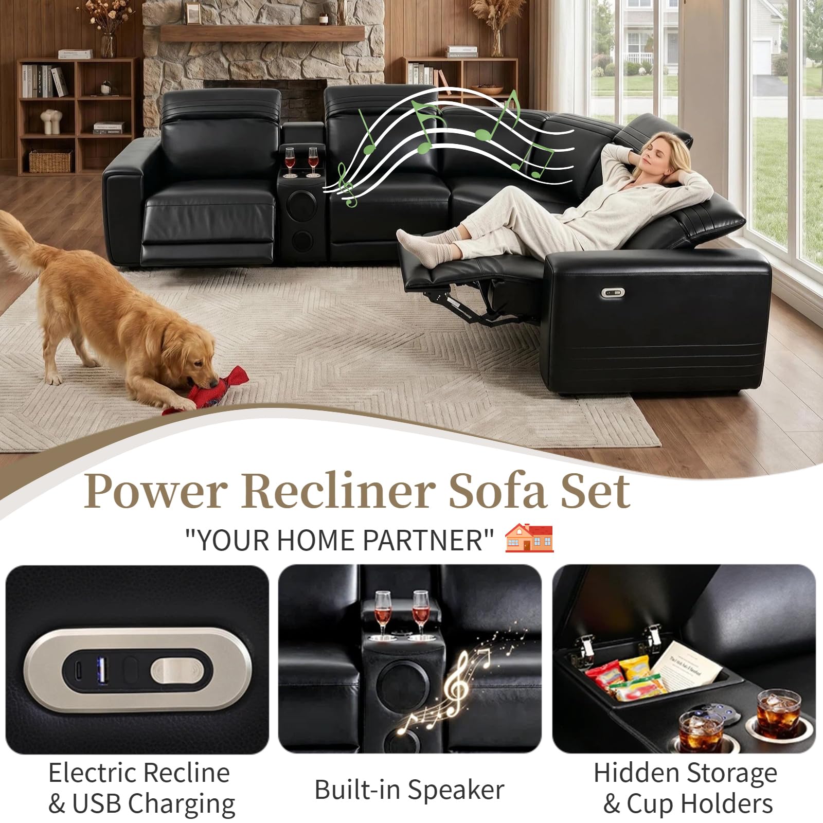 Power Reclining Sectional Sofa with Speakers & USB Ports for Living Room view 4