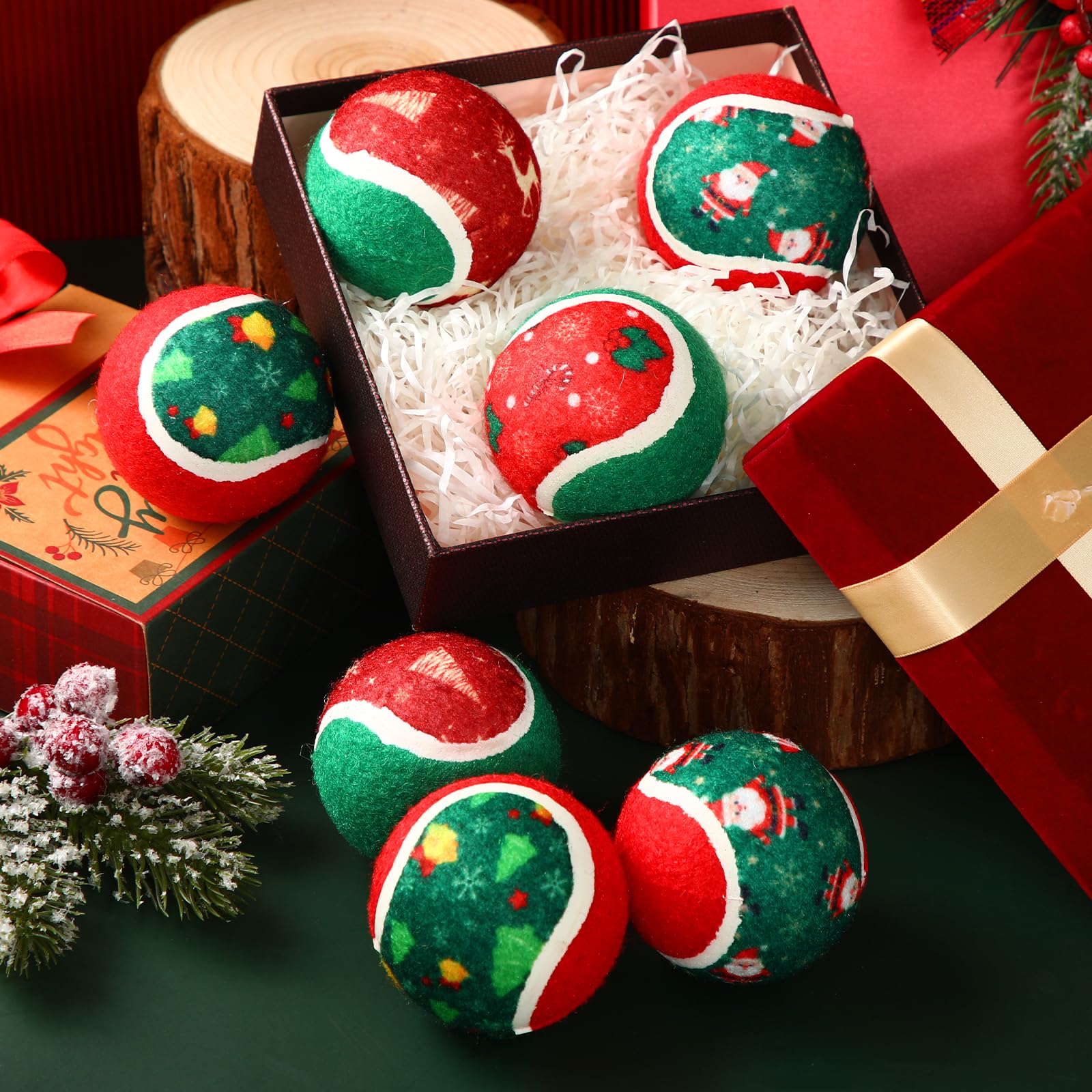 Hiboom Weihnachts-Tennisbälle für Hunde, 6,3 cm, interaktives Spielzeug für kleine, mittelgroße und große Zahnen, Kautraining, Spielen, Weihnachten, Haustiergeschenk, 48 Stück