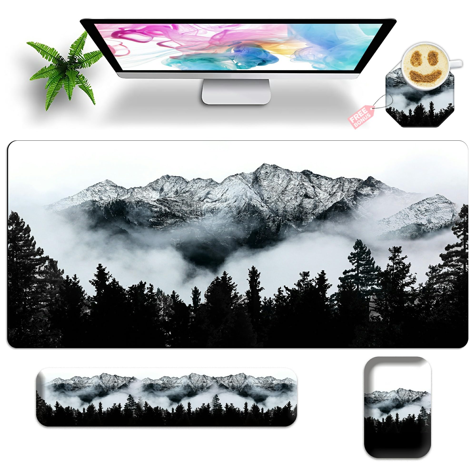 Premium Großes Gaming-Mauspad-Set, 35,4 x 15,7 cm, mit Tastatur-Handgelenkauflage, Handgelenkstütze und Untersetzer, Memory-Schaum, glatte Schreibtischunterlage, Mauspad für Zuhause, Büro,