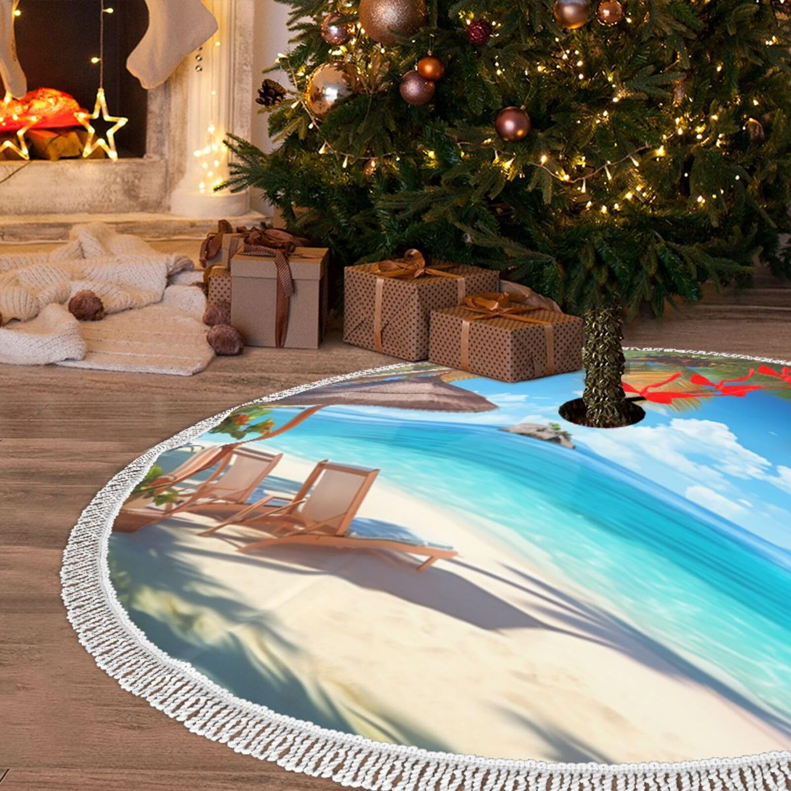 Jupe de sapin de Noël peluche 121,9 cm grand tapis de sapin de Noël vacances été plage et ferme