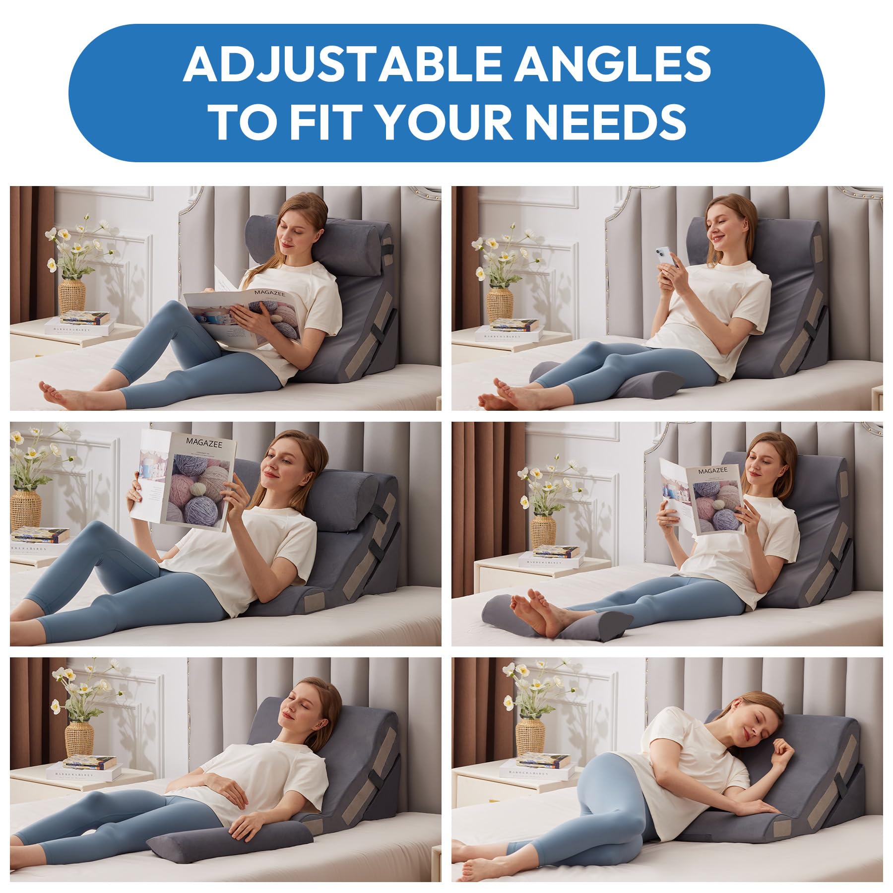 Ahpmeoa Juego de 3 almohadas ortopédicas de cuña para dormir, sentarse en la cama, almohada de cuña de espuma 6 en 1 para reflujo ácido y alivio del dolor de espalda, almohadas postoperatorias para