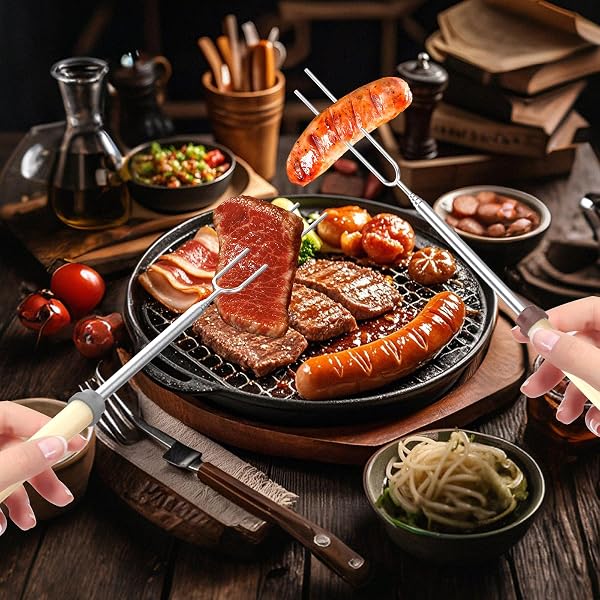 GeeRic Marshmallow Toasting Forks, 6 Pack Extendable Stainless Steel Sticks Barbecue Forks U Shape Hot Dog Fork with Wooden Handle for Roasting Marshmallows and Hot Dogs Camping - 5