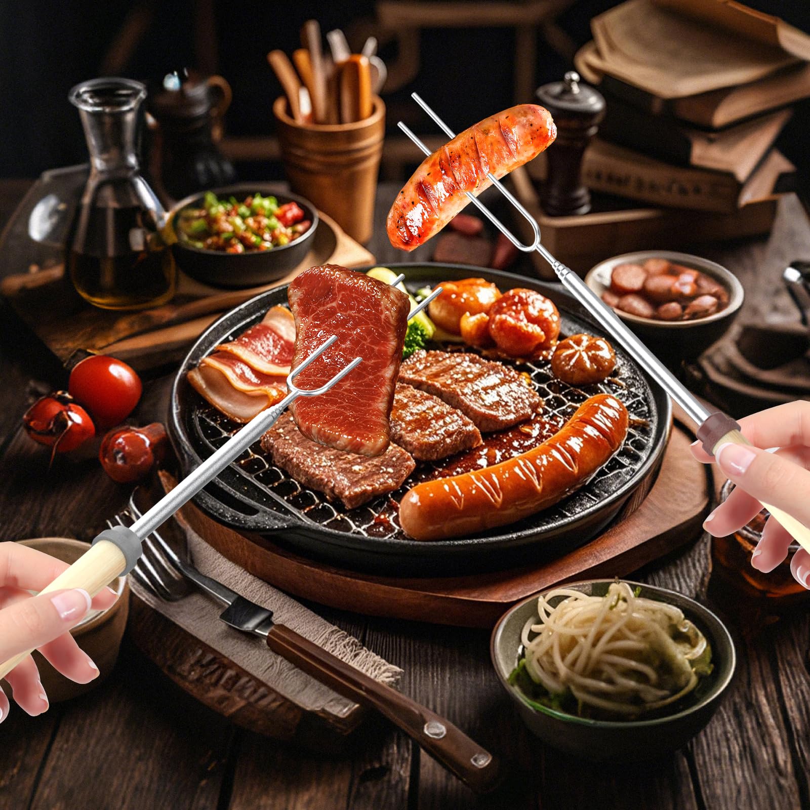 GeeRic Marshmallow Toasting Forks, 6 Pack Extendable Stainless Steel Sticks Barbecue Forks U Shape Hot Dog Fork with Wooden Handle for Roasting Marshmallows and Hot Dogs Camping — view 5