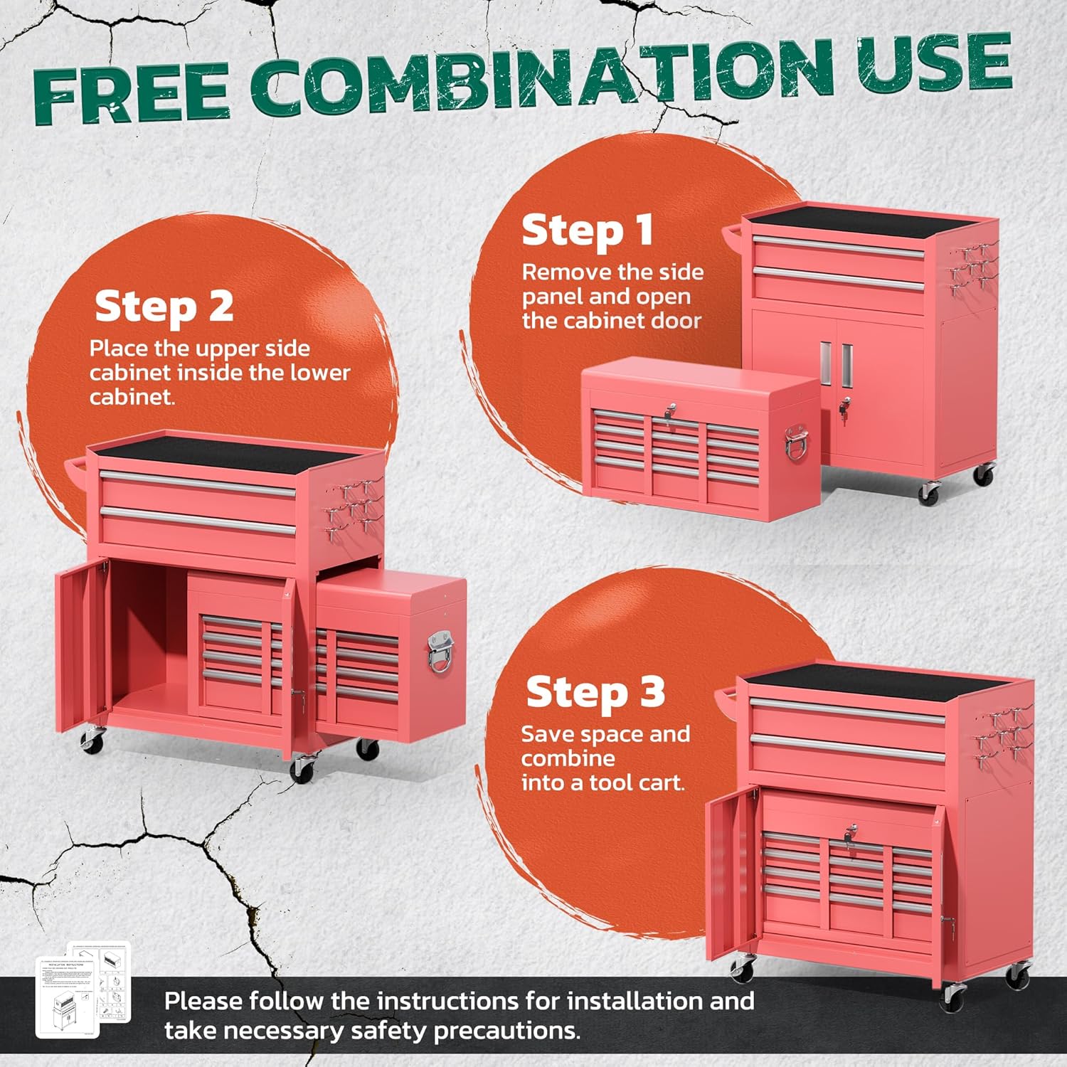 Greenvelly Tool Chest, 8-Drawer Rolling Tool Chest with Hooks and Lockable Wheels,Metal Storage Detachable Top Tool Box with Lockable Wheels for Garage,Workshop,Art Studio(Pink)