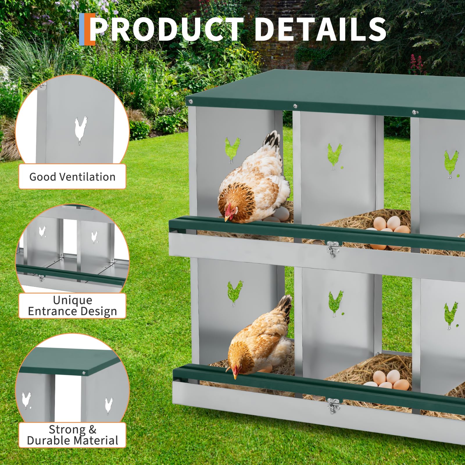 GarveeHome Nido Per Galline in Metallo Robusto a 2 Livelli Con 6 Ampi Scomparti Ventilati, Vassoio Estraibile Per La Raccolta Delle Uova, Facile Pulizia, Sicuro Per Galline e Anatre