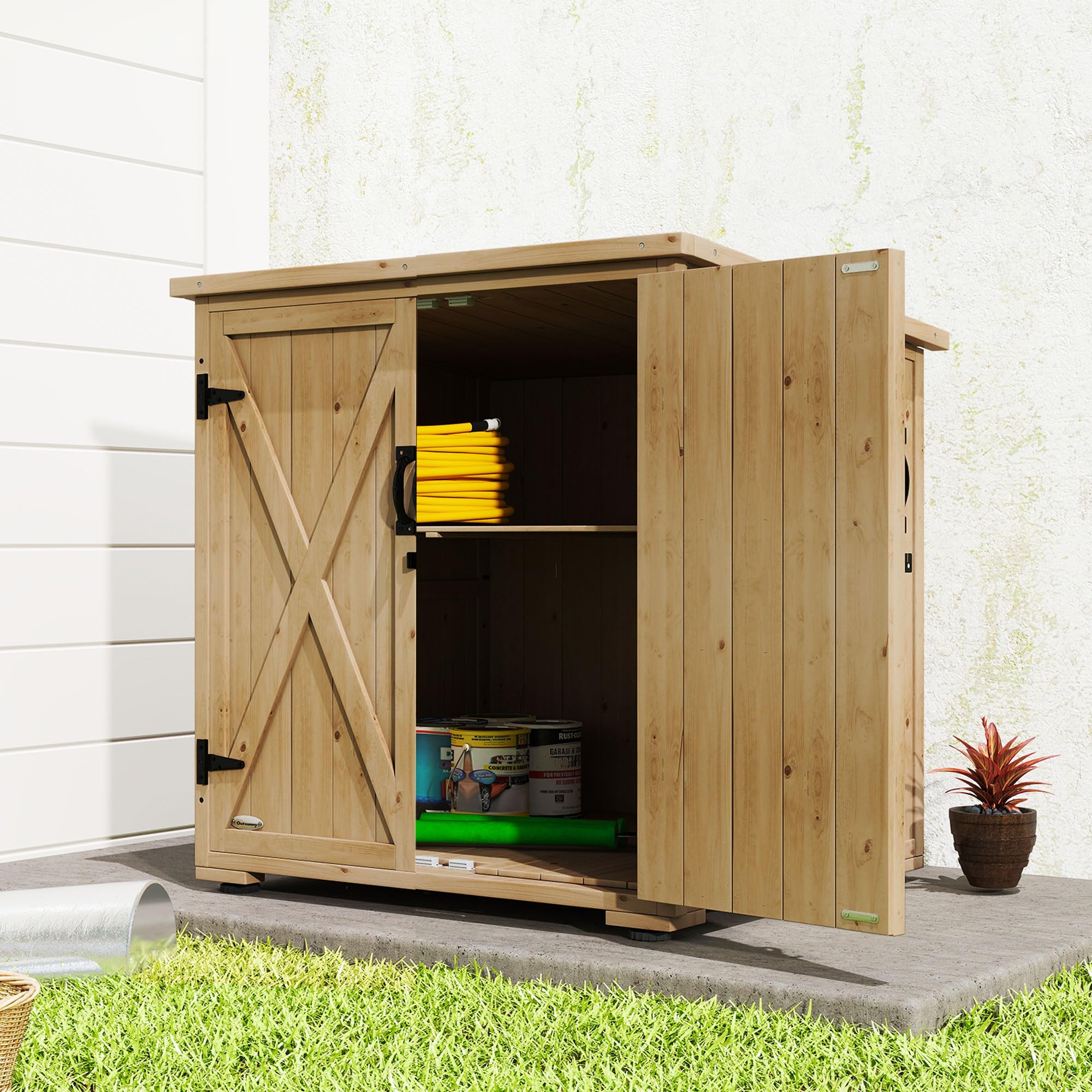 Outsunny Gartenschrank Holz, Geräteschrank, Outdoor wetterfest Geräteschuppen, Holzschrank mit Doppeltür, Mehrzweckschrank für Garten, Balkon, Natur