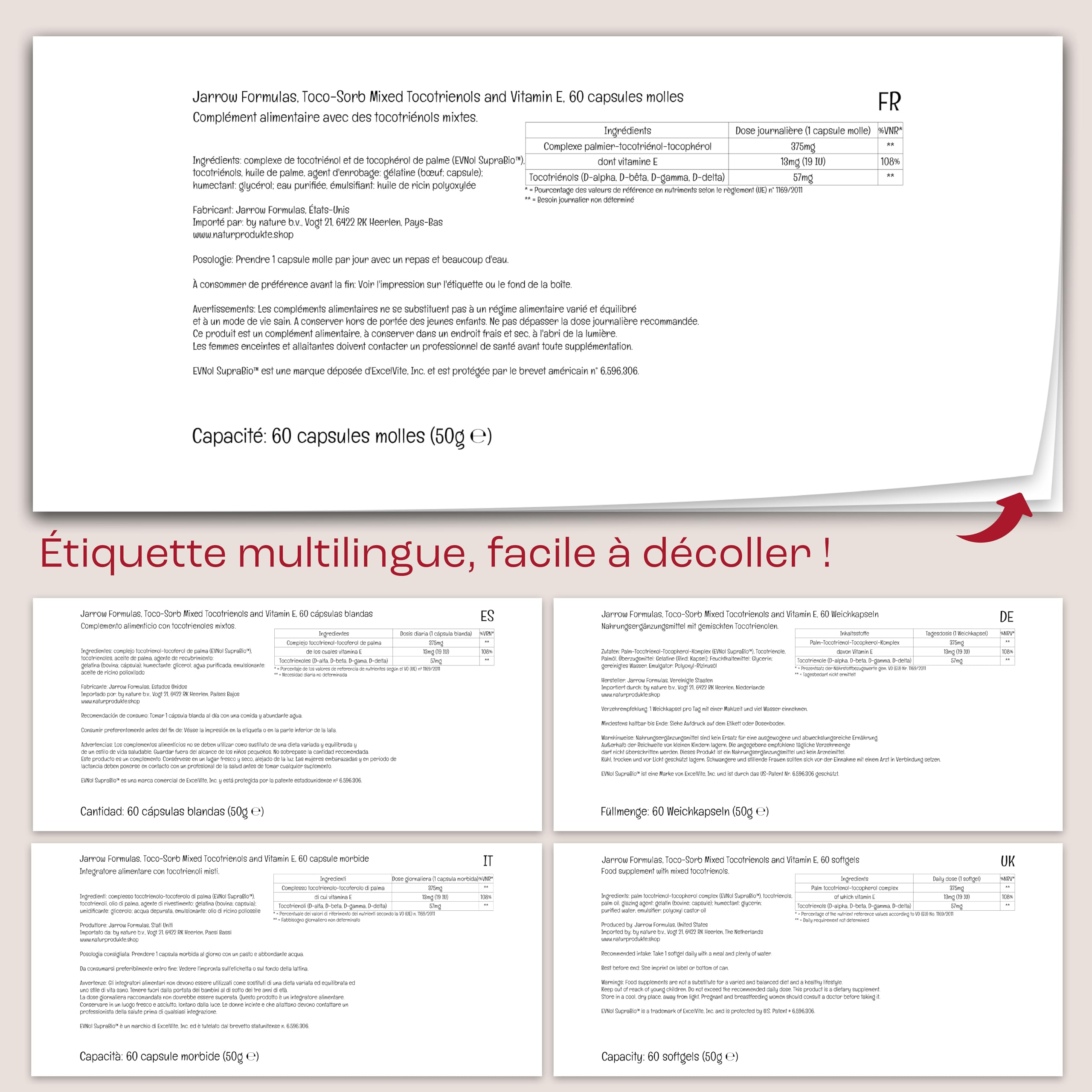 Jarrow Formulas, Toco-Sorb, Tocotriénols Mixtes & Vitamine E, 60 Capsules molles, Testé en Laboratoire, Sans Gluten, Sans Soja, Sans OGM