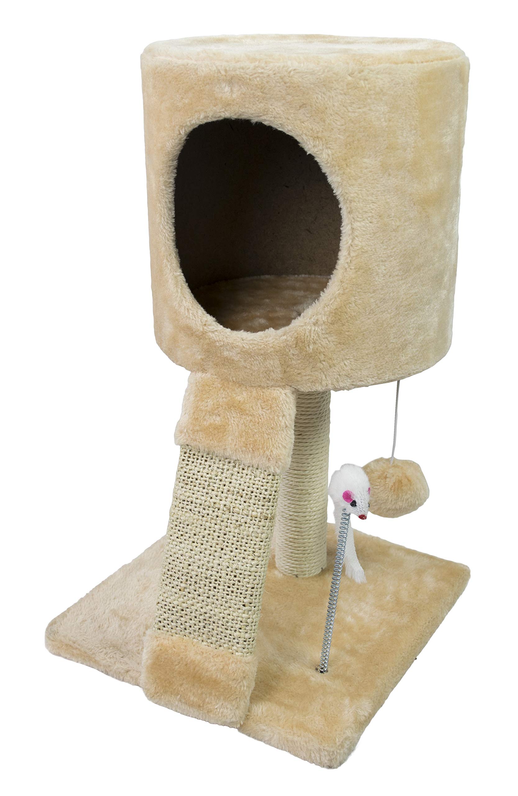Arbre à chat avec niche BAKAJI en finitions peluche beige pour le bien-être animal