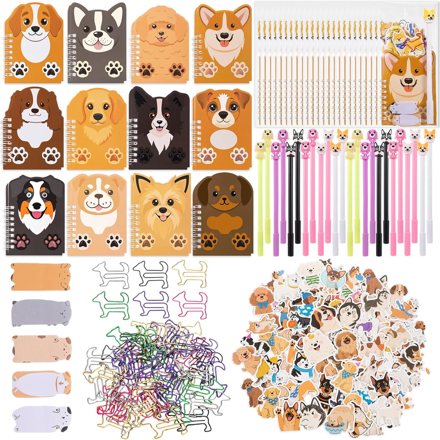 Maxdot 24 Set 258 Pcs Dog Themed Stationery Set Party Favors Birthday Gifts Paw Mini Notebooks Pens Stickers Paper Clip for Classroom School Party Goodie Bags Prizes Rewards
