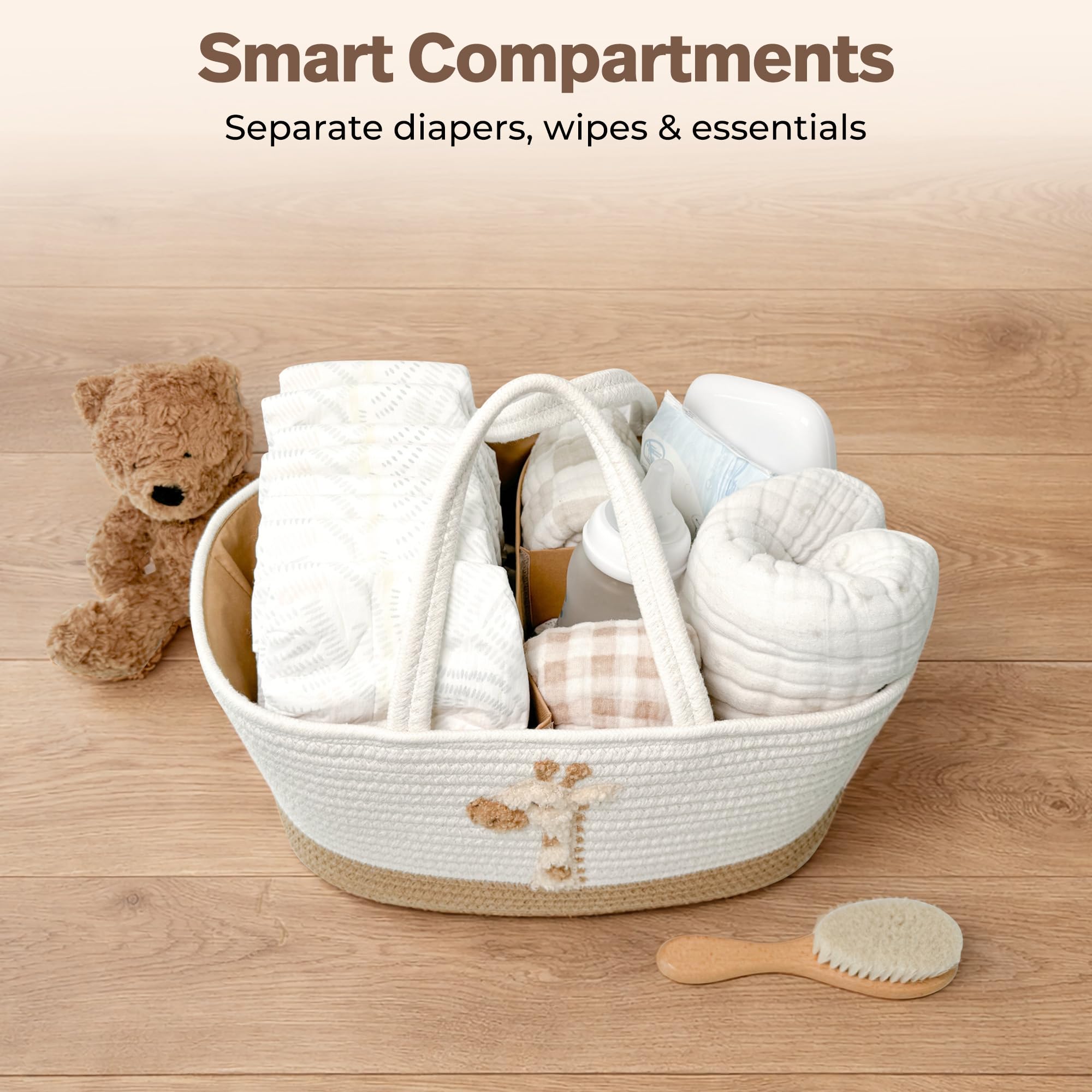 KEMINA BLANKETS Giraffe Diaper Caddy Organizer for Baby Cotton Rope Nursery Storage Basket 17"x10.5"x7" with Removable Dividers Portable Changing Table Organizer, Car Caddy, Baby Shower Basket - 5