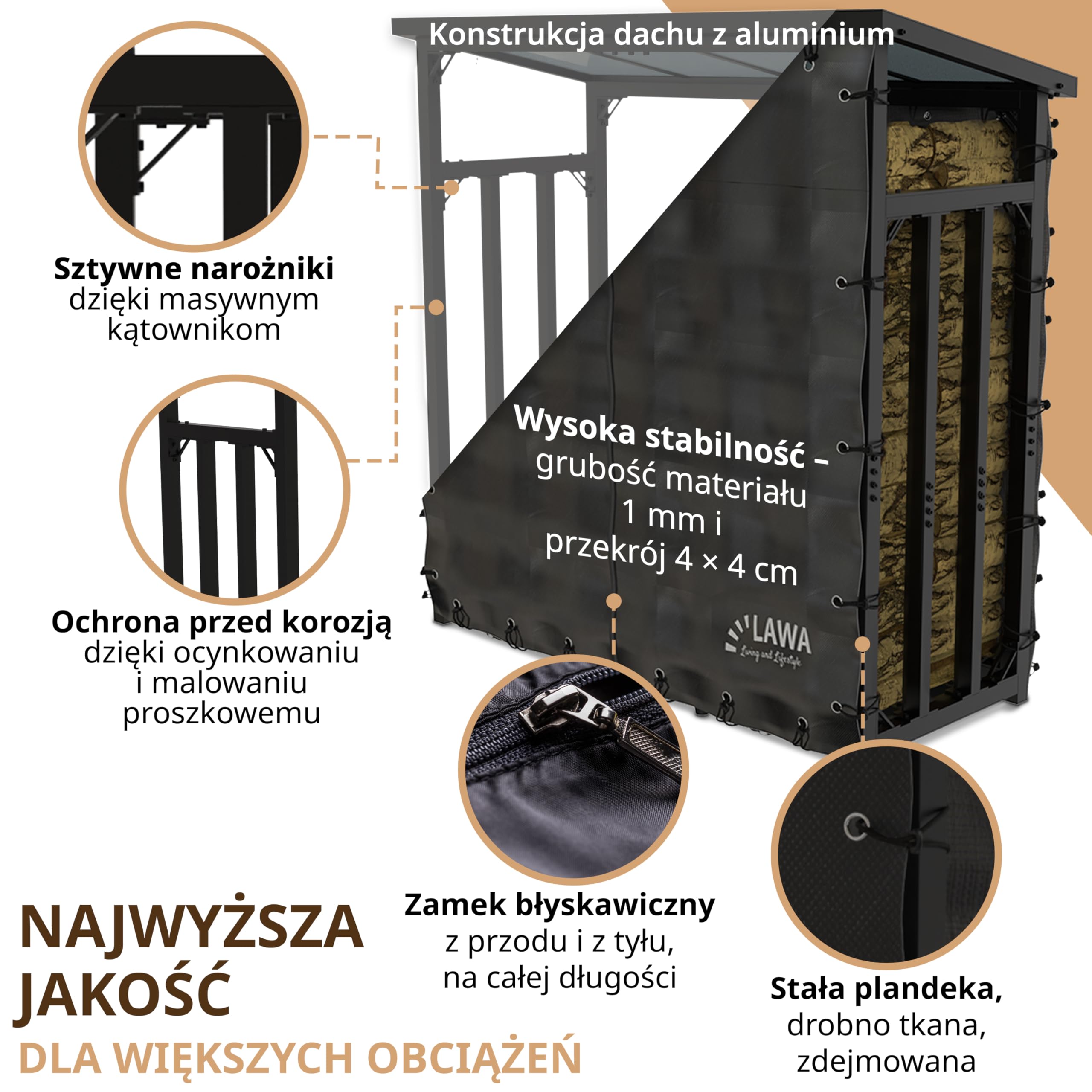 Regał na drewno opałowe zewnętrzny z dachem, ocynkowany, 188 x 70 x 188 cm 45 kg, stojak do układania w stos, nośność 3 t regał na drewno kominkowe metal z pokrywą czarny