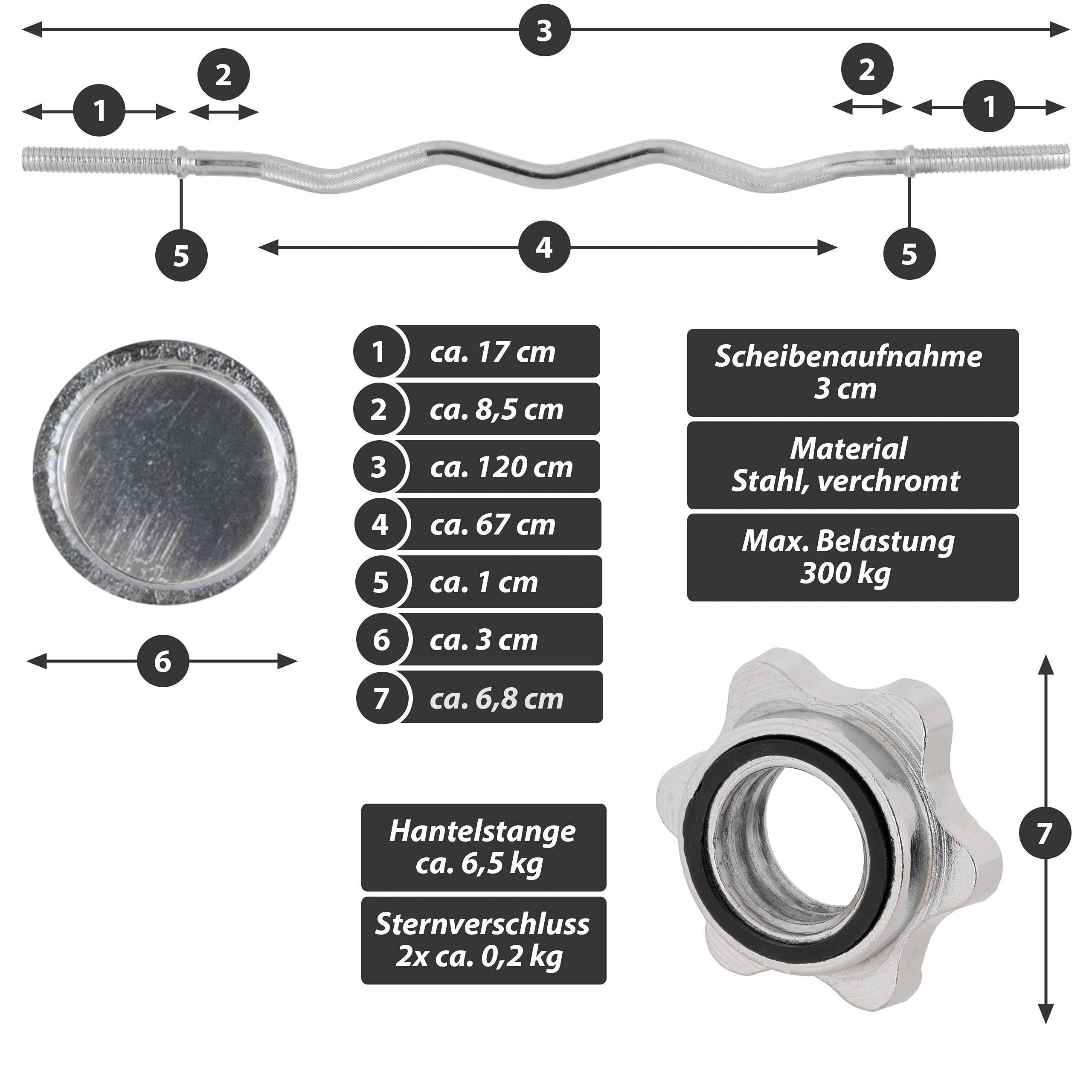 Curl-Set 120 cm 26 kg 8 Gewichte Gusseisen Krafttraining Zugstange silber verchromt Workout Bodybuilding Fitness Sternverschlüsse Gewichtheben