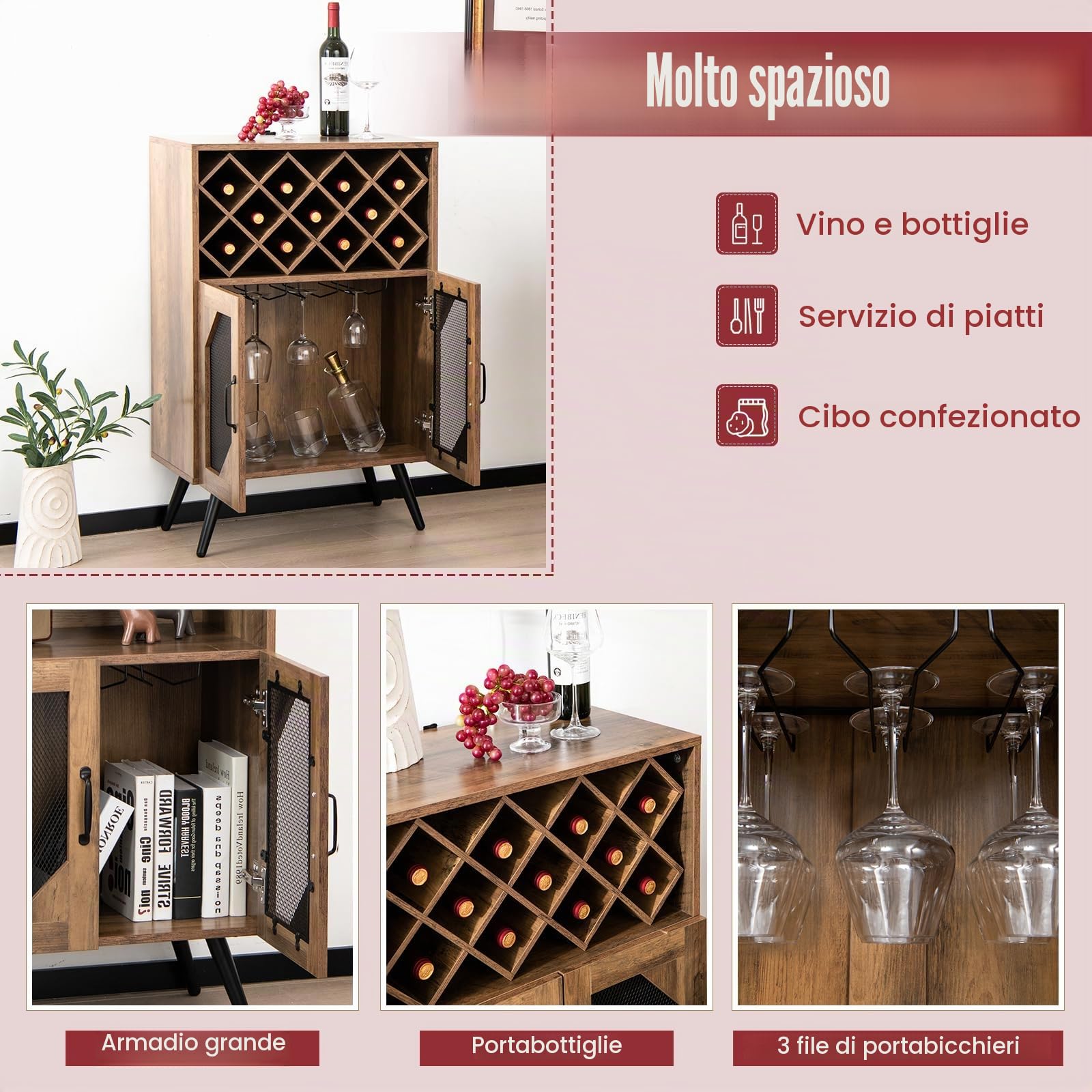 KOMFOTTEU Credenza Cucina Industriale, Cantinetta Vino Legno con Ripiano Estraibile di Bottiglie, 2 Ante in Rete e Dispositivo Antiribaltamento, Mobile a Buffet, Bar, Marrone, 59,5 x 35 x 95,2 cm
