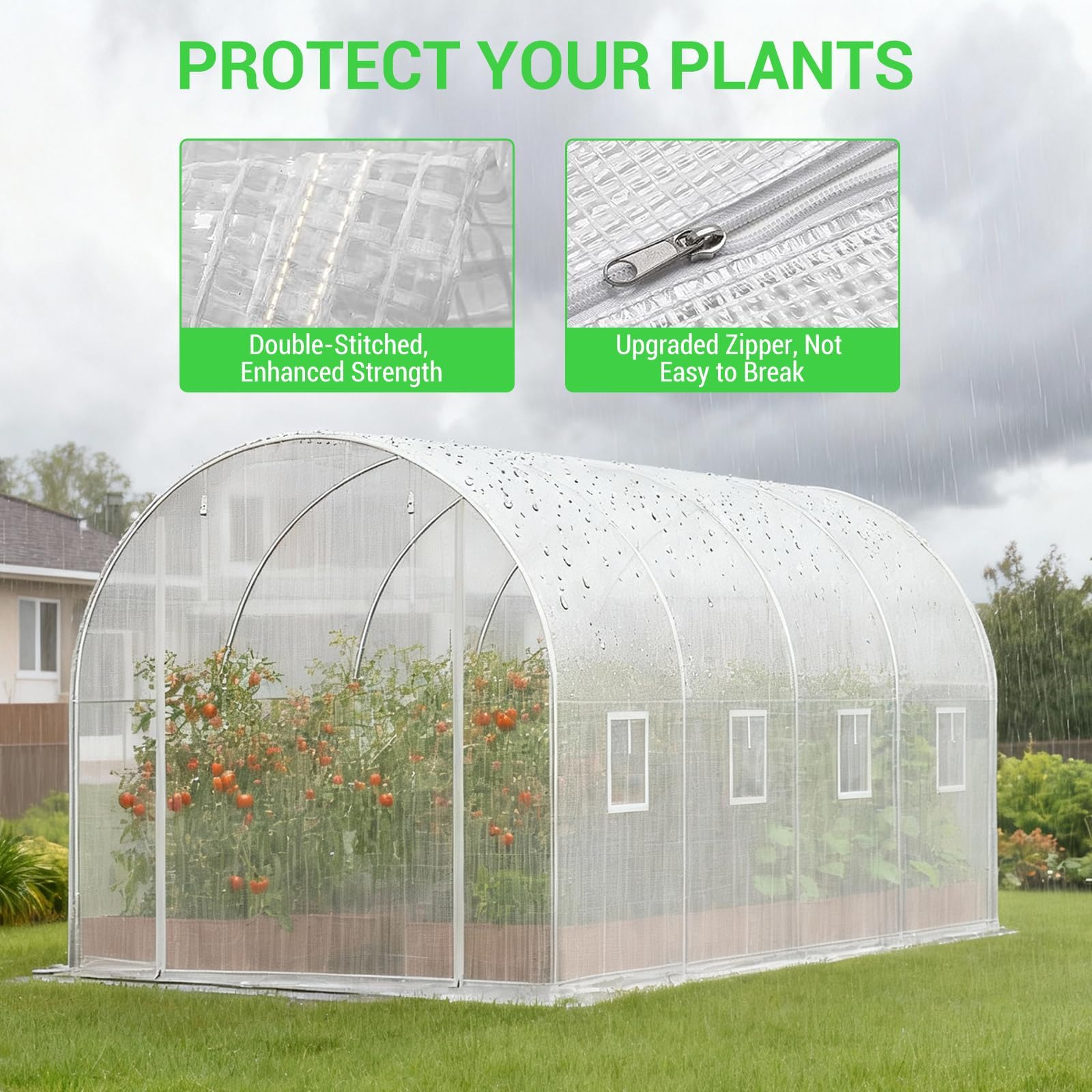 Garvee Invernadero de jardín túnel con Estructura de Acero galvanizado Robusto, Cobertura de Red PE 140 g Anti-UV, 8 Ventanas enrollables y Puerta Doble Cremallera, ventilación óptima, Ideal para
