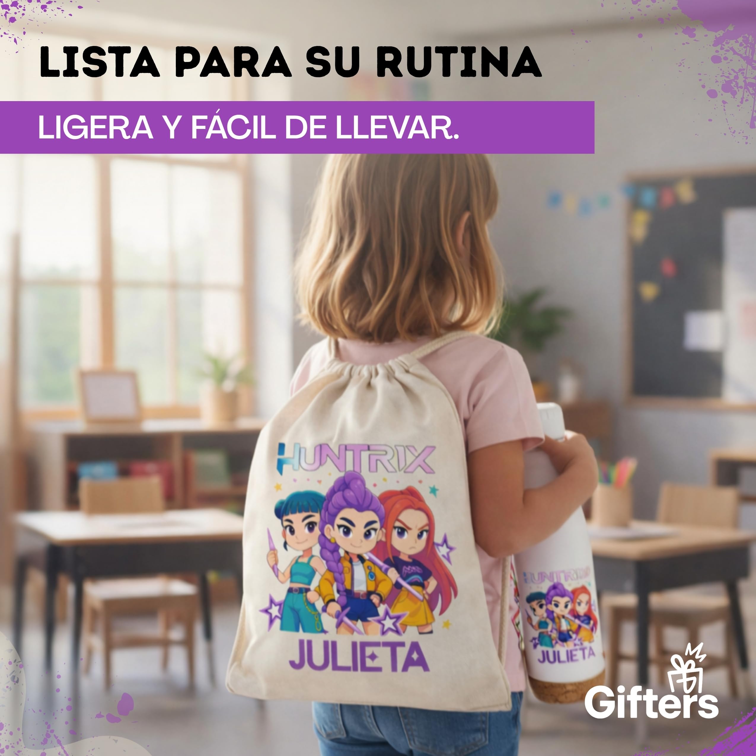 Gifters | Pack Mochila Cuerdas, Táper y Botella Personalizados con Nombre | Bolsa Tela 34 x 42 cm + Fiambrera + Botella Acero Inoxidable 750 ml | Guardería, Colegio, Excursiones y Educación Infantil