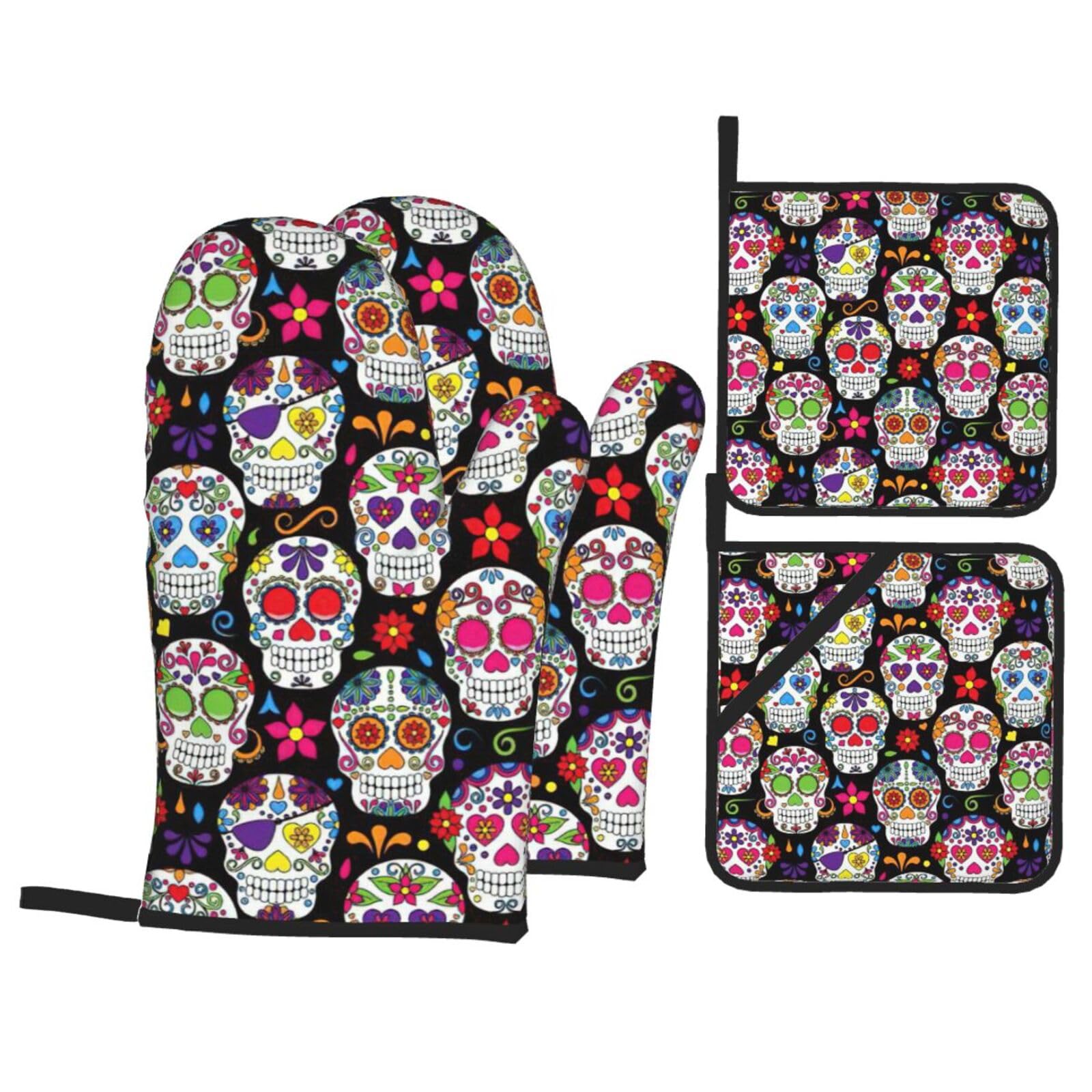 Sugar Skulls Print Kitchen Oven Mitts And Pot Holders Set,Hanging Loop Design For Cooking Baking Bbq