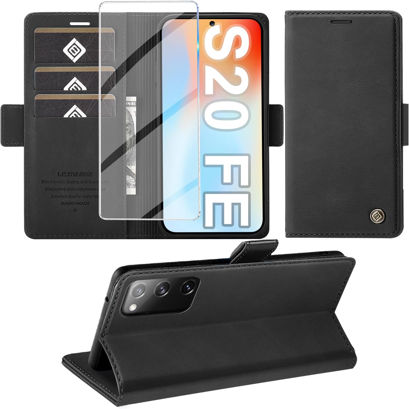 Phone Case for Samsung Galaxy S20 FE Case with Protective Film, Stand Function Card Slot Premium Leather Wallet S20 FE 4G/5G Flip Case Shockproof Cover (Black)