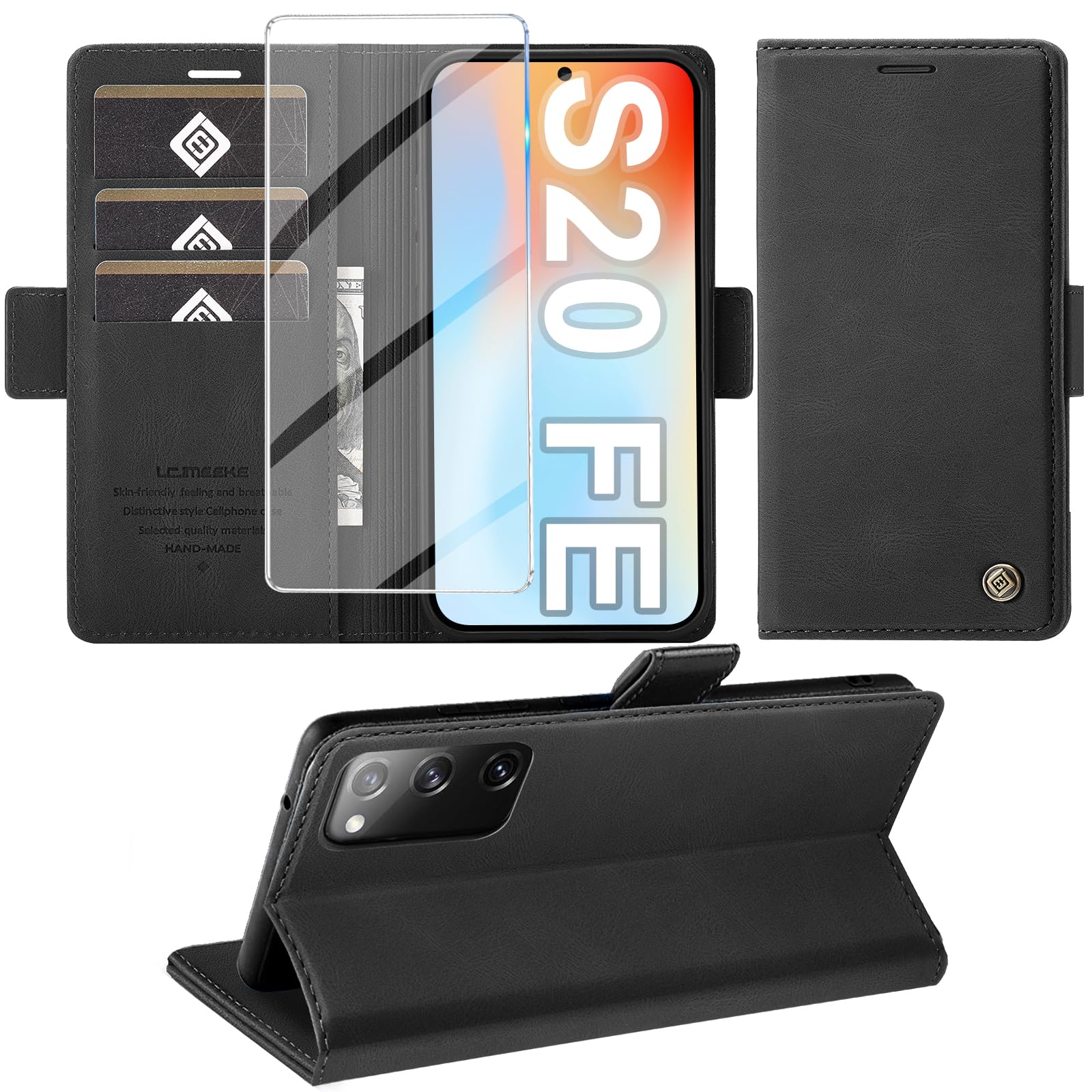 Phone Case for Samsung Galaxy S20 FE Case with Protective Film, Stand Function Card Slot Premium Leather Wallet S20 FE 4G/5G Flip Case Shockproof Cover (Black)