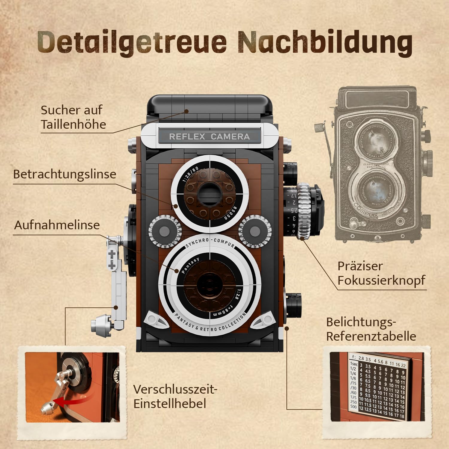 PANTASY Retro Kamera Klemmbausteine Set für Erwachsene | Klassische Doppelobjektivkamera mit interaktiven Funktionen, Vintage-Fotoapparat als dekoratives Sammlermodell