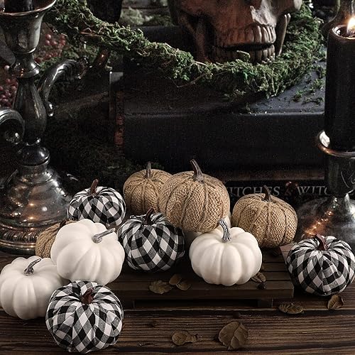 Miniatura 3 de Ywlake 12 calabazas artificiales de varios tamaños, calabazas artificiales pintables de tela de calabaza falsa blanca para decoración de otoño,