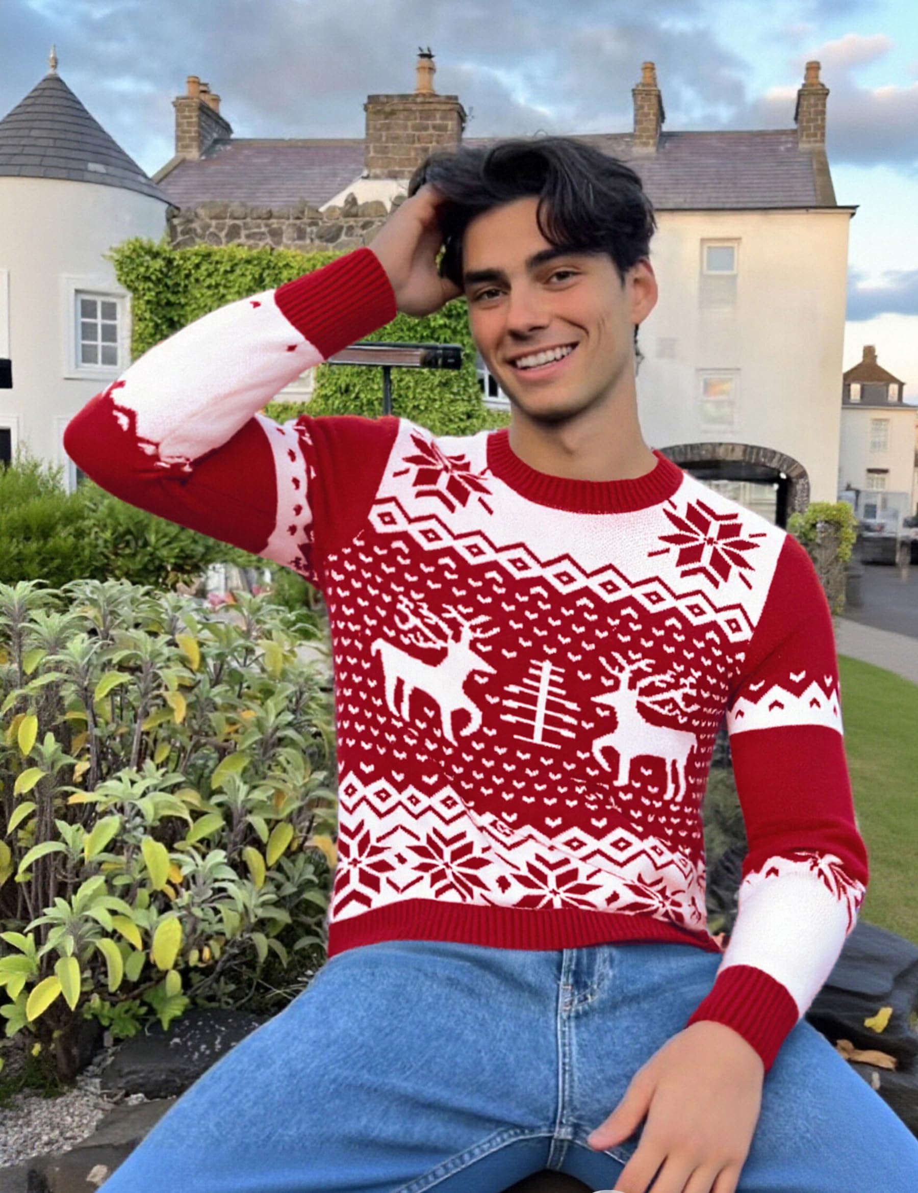 Demegimi Jersey de Navidad Hombre Invierno Suéter de Navidad Cuello Redondo Christmas Jumper Hombre Manga Larga S-XXL