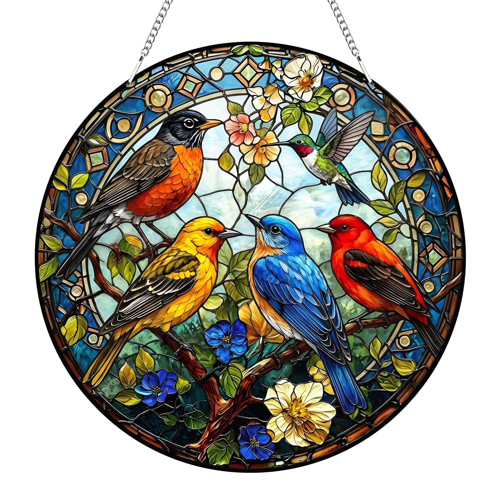 Birds Suncatchers for Windows Hanging, Stained Glass Window Hanging Ornament with Chain, Robin Sun Catcher, Acrylic Sun Catchers Indoor Window for Garden Home, Robin Gifts for Women