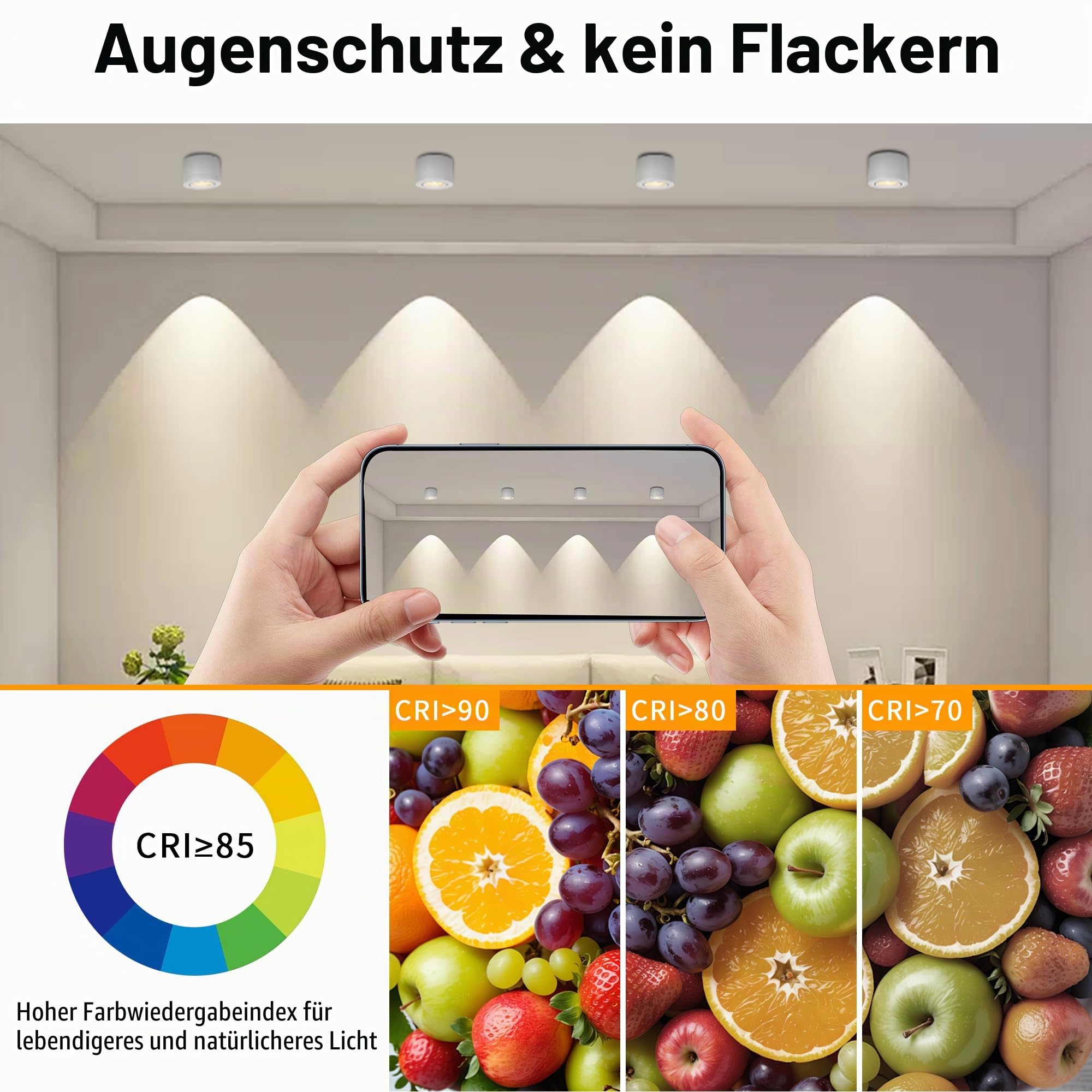 4x LED Aufbauspots Dimmbar 230V – 3 Farbtemperaturen 2700K/4000K/5700K – Extra Flach Ø80×50mm, 30° Schwenkbar, inkl. 5W LED Modul – Aufputz Deckenspots Weiß