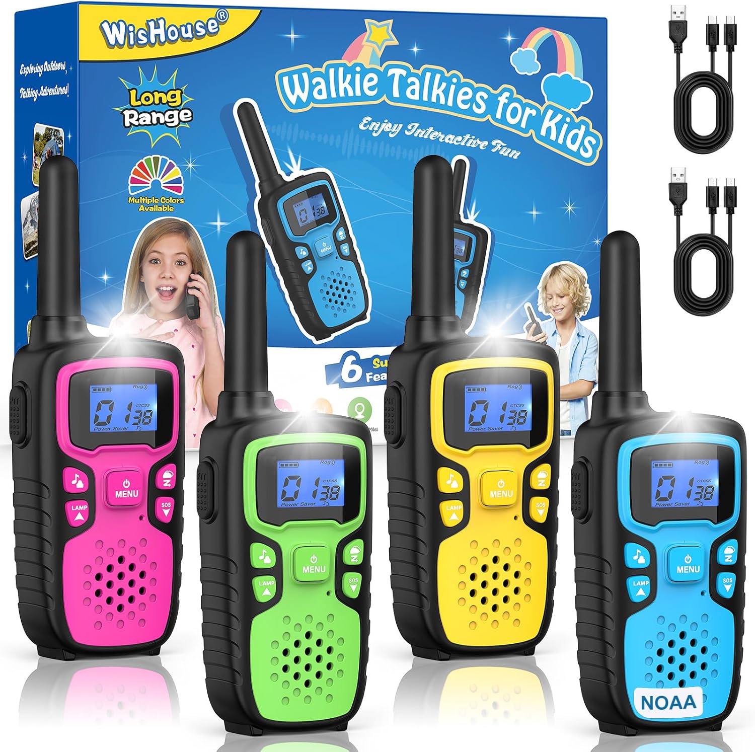 Wishouse Walkie Talkies for Kids Rechargeable Long Range,Xmas Birthday Gift for 4 5 6 7 8 9 Year Old Boys Girls,Hiking Gear Camping Games Cool Toys with NOAA,SOS Siren,Lamp,Lanyards,Easy to Use,4 Pack