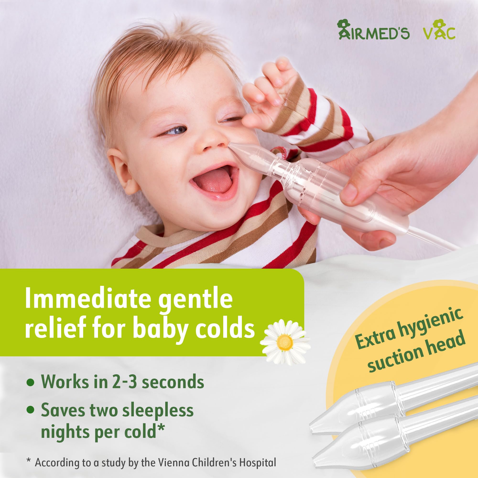 Airmed's Vac Mouche bebe. Testé cliniquement, sûr et doux. Aspirateur nasal | Un nez dégagé en 3 secondes. Avec 2 embouts d'aspiration et une brosse de nettoyage. Compatible avec tous les aspirateurs.