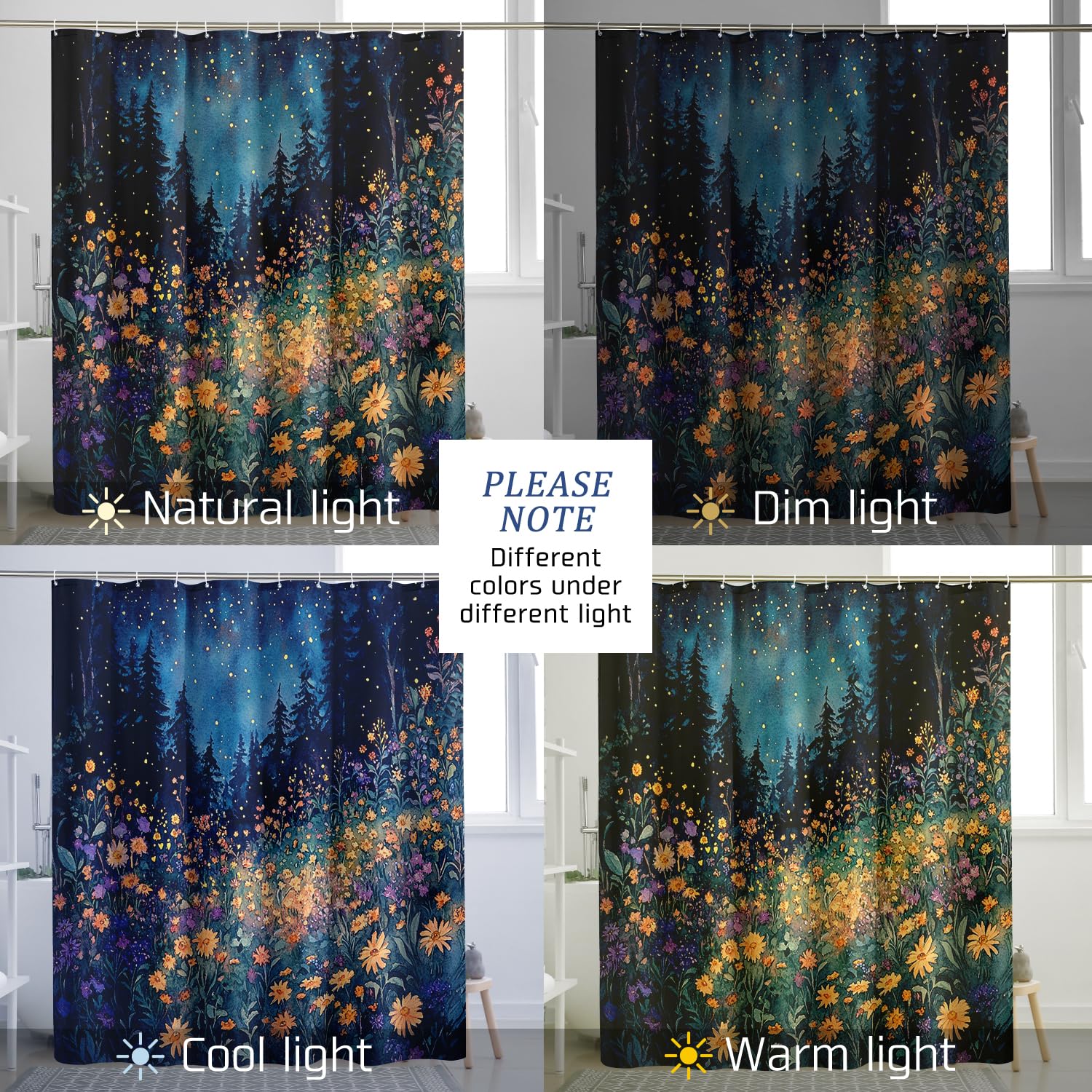 Rideau de douche floral aquarelle bleu ciel avec fleur orange pour décoration de salle de bain, rideau de douche artistique moderne en tissu imperméable avec crochets 183 x 198 cm