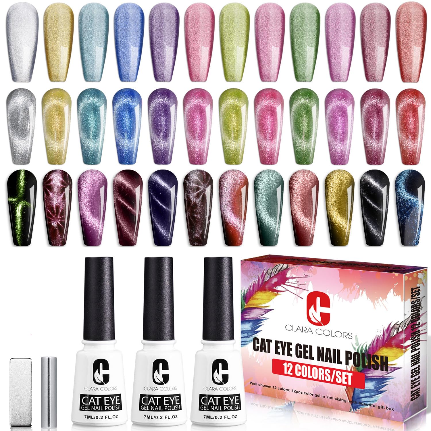 Clara Colors cat eyes gel unghie magnete UV/LED smalto magnetico riflettente con 12 colori effetto diamante aurora Starter Set per casa salone arte regalo