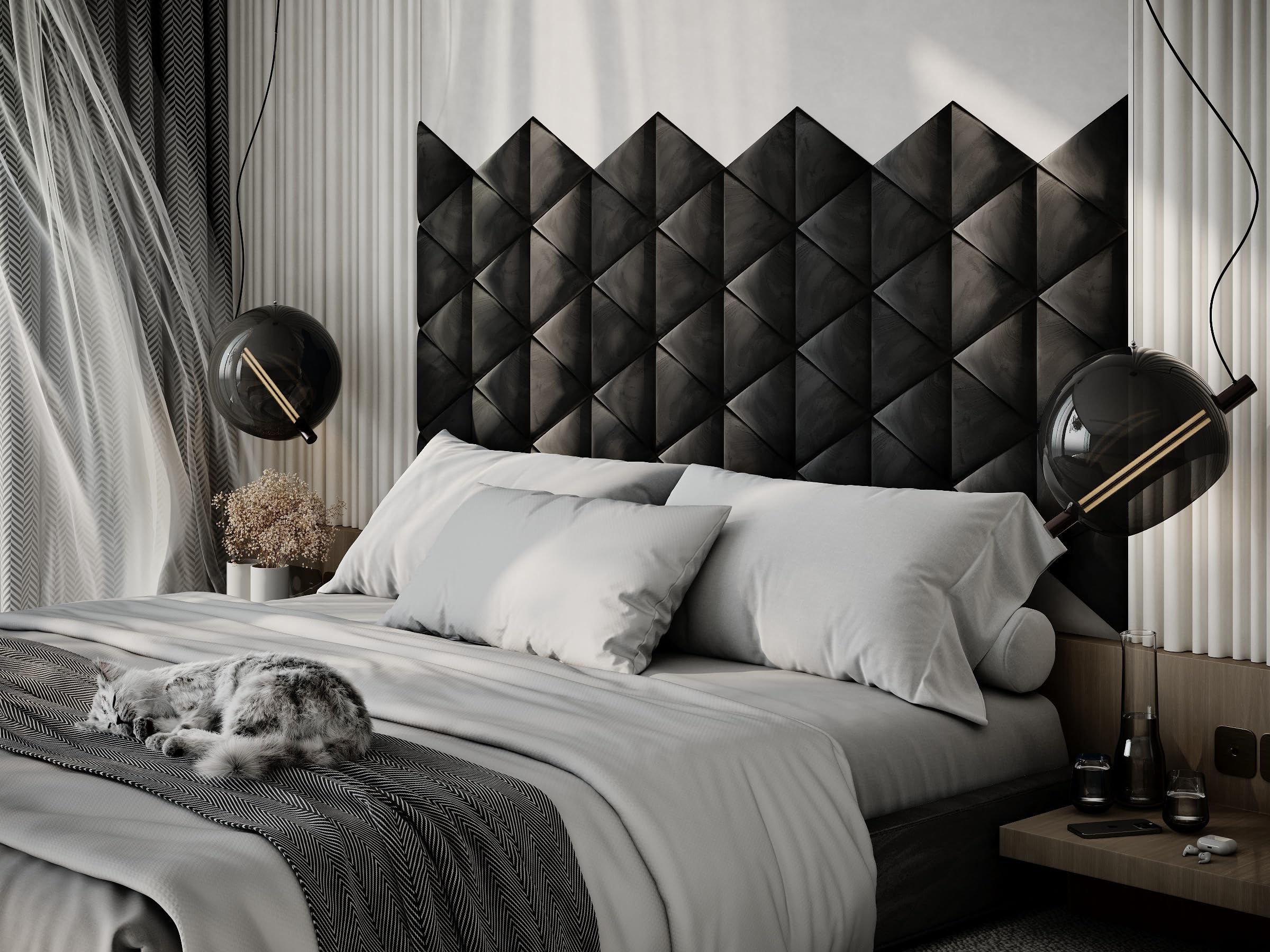 4 Pack — Upholstered Decorative Wall Panels Velvet Headboard Padding | Cushioned Planks | Padded Decor Collision Avoidance | Acoustic Soundproofing Treatment | (Black, 4x Triangle (25x25cm))