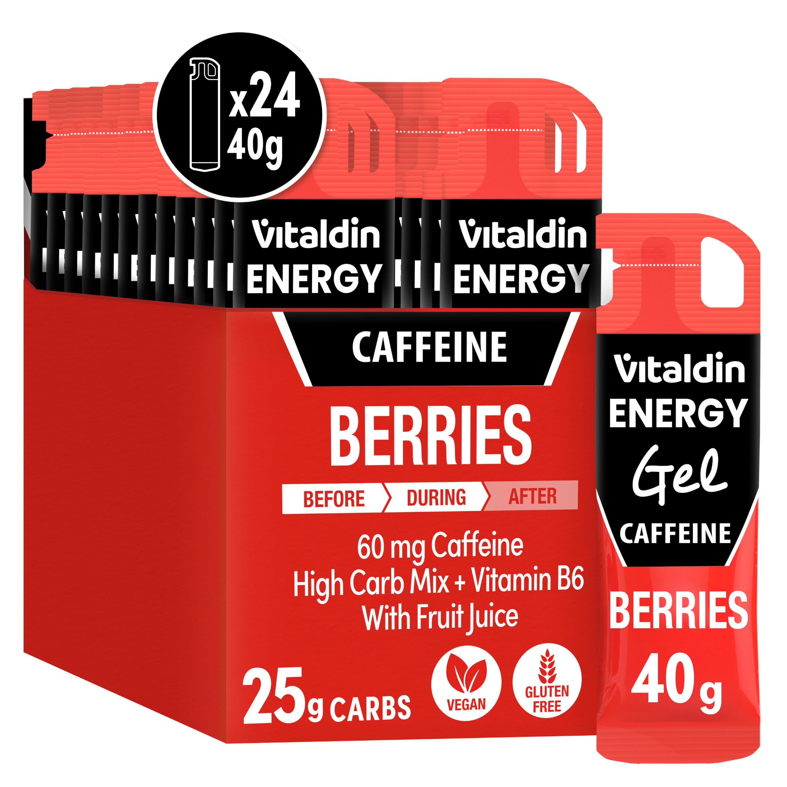 VITALDIN SPORT Energy Gel Caffeine – 24 Gels x 40 g – Energiegel mit Beerengeschmack – 60 mg Koffein & Vitamin B6 – Schnelle Energie & allmähliche Freisetzung – Running, Radfahren & Sport di Ausdauer…