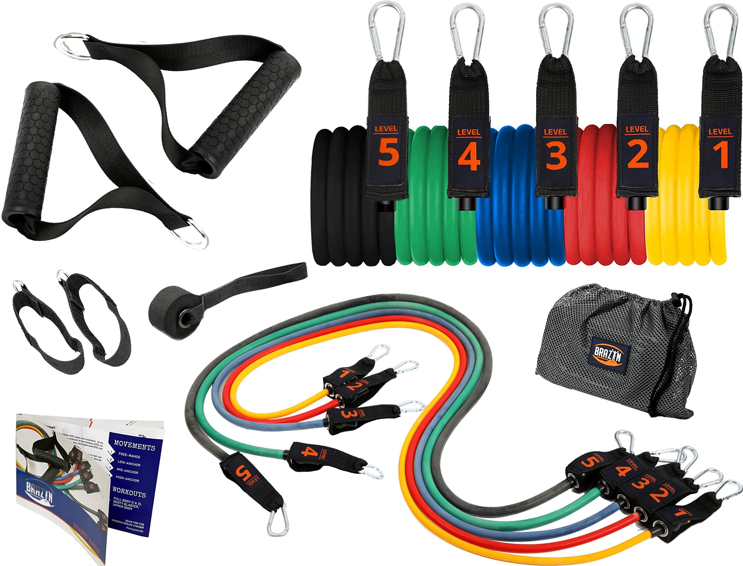 Brazyn Widerstandsbänder-Set mit Griffen, 12-teiliges Band-Set mit Reisetasche, Anleitung, Knöchelriemen und Türanker, für Workout, Fitnessstudio, Krafttraining, Bungee, Yoga, Pilates, Physiotherapie