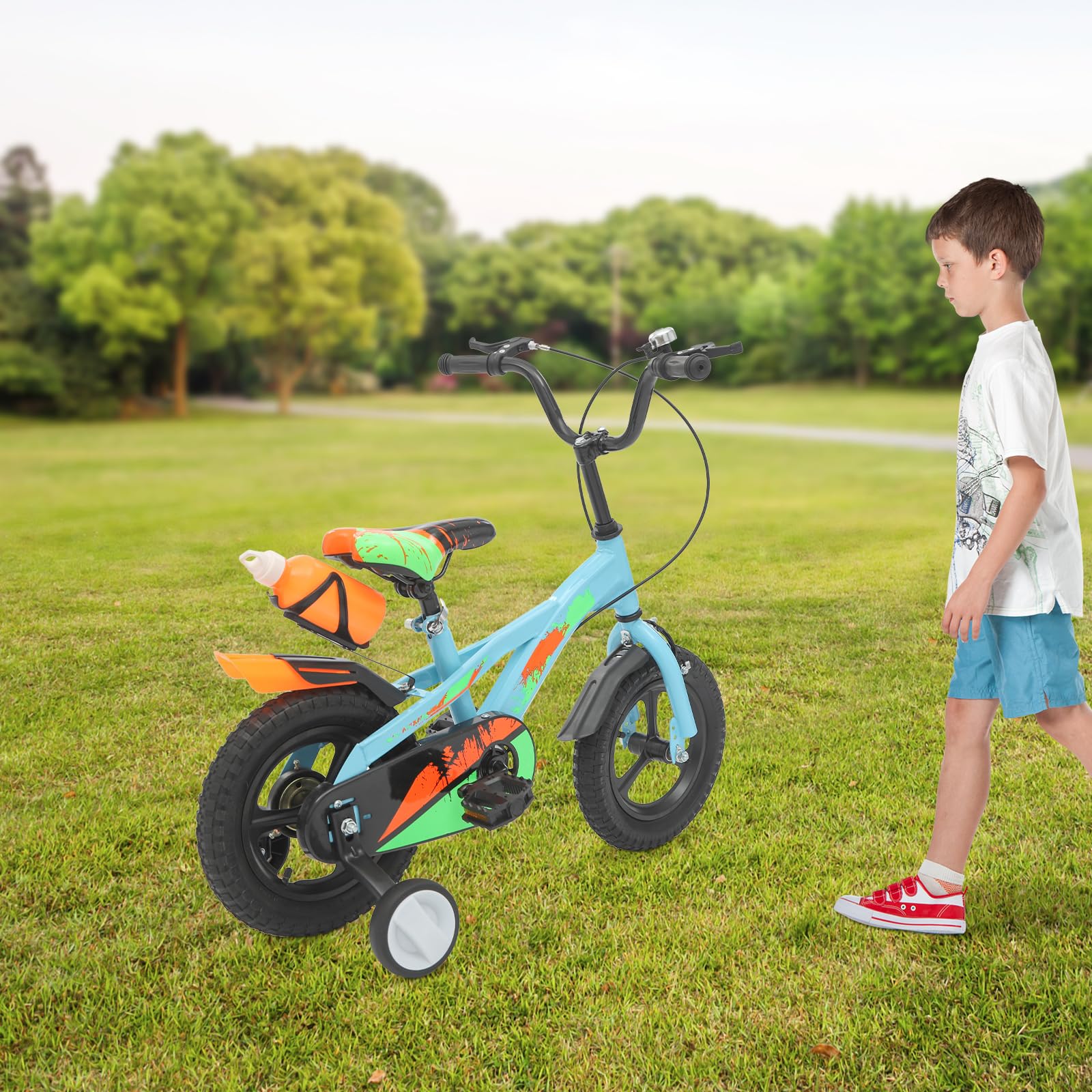 Bicicletta per bambini da 12 pollici, con ruote di supporto e bottiglia d'acqua, doppio sistema frenante, bicicletta per bambini da 2 a 5 anni, regalo per ragazze e ragazzi, fino a 50 kg