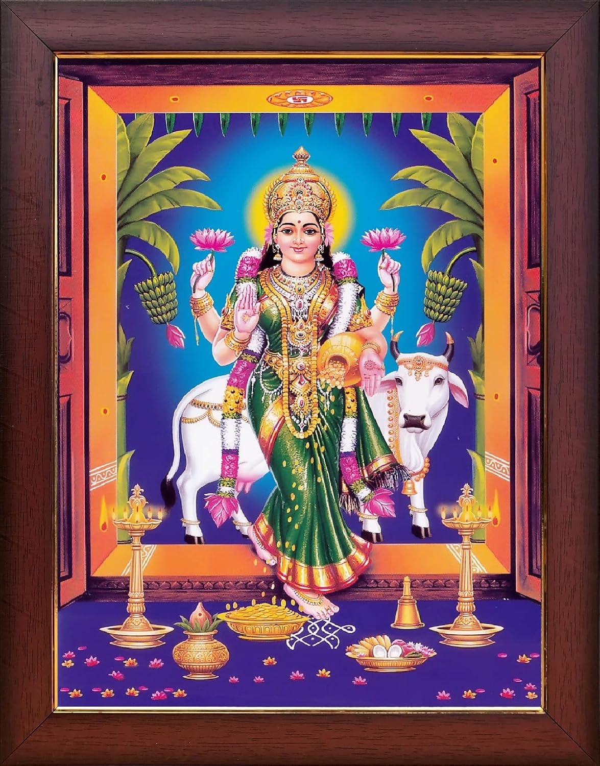 Garuda Photos: Goddess Gruha Lakshmi Photo Frame With Cow (Laxmi / Gruhalakshmi) - Small 9 X 7 Inch (CODE:JB02)