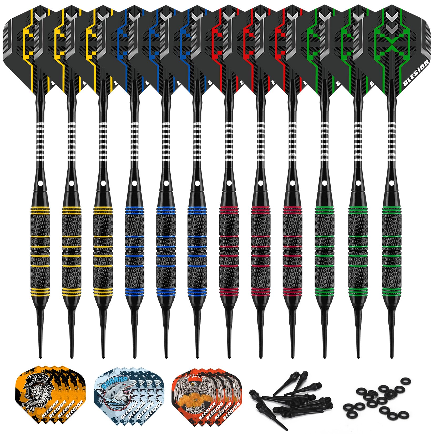 BLESION Dartpfeile mit Kunststoffspitze 12 Stück 18 Gramm Profi Dartpfeile Set für Elektronische Dartscheibe, Dartpfeile mit 12 Flights 20 Gummiringen 50 Dartspitzen
