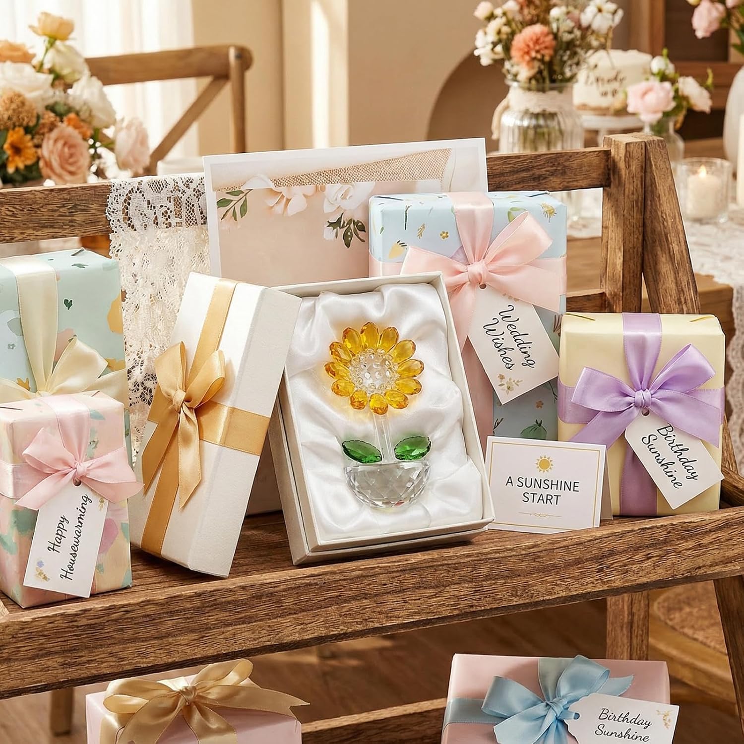 TOPZEA Crystal Sunflower Figurine Collectibles, Glass Flower Ornament Status Desk Crystal Paperweight with Gift Box Small Flower Bouquet Table Centerpiece for Home Decor, Souvenir Gifts - Image 7