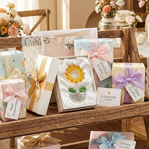 Miniatura 7 de TOPZEA Figura coleccionable de girasol de cristal, adorno de flor de cristal, pisapapeles de cristal con caja de regalo, ramo de flores pequeñas,