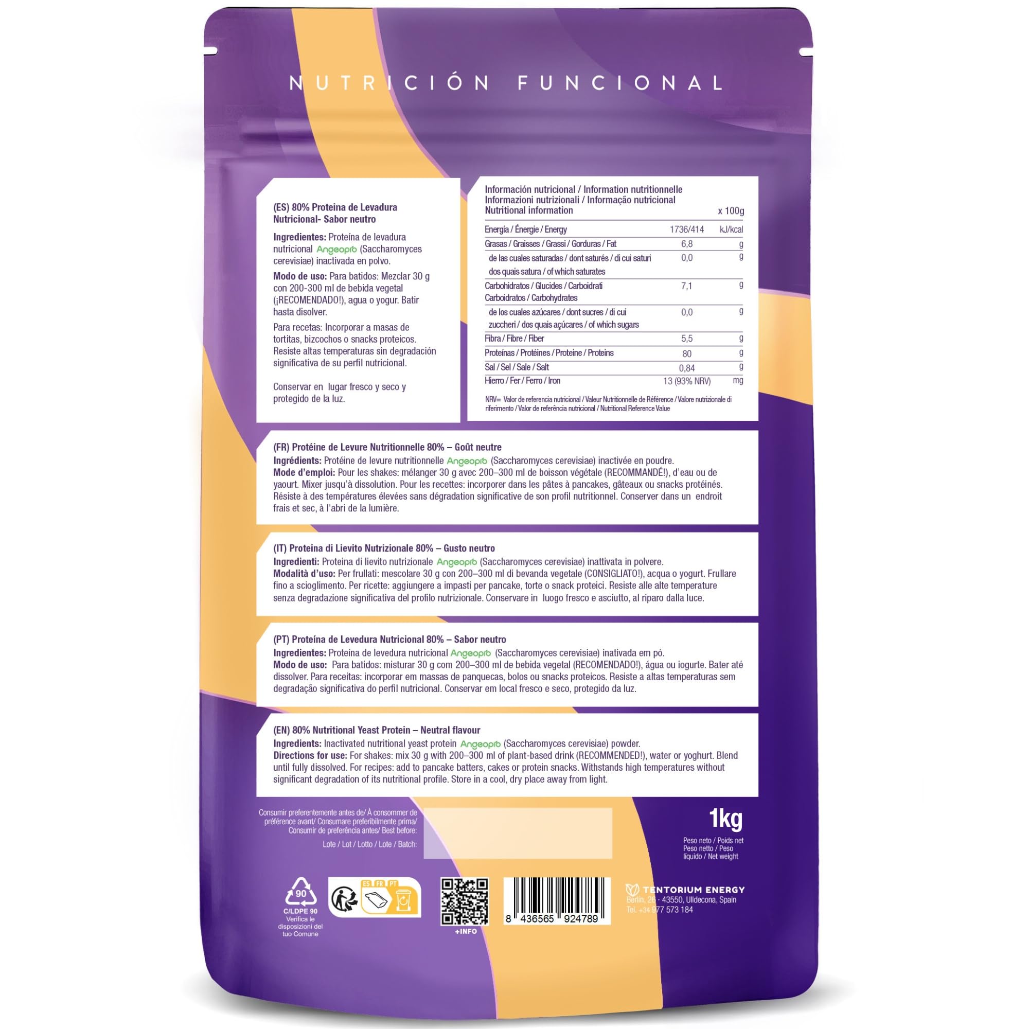 Energy Feelings Protéine Végétale de Levure Nutritionnelle 80%, Vegan Protein Powder, Protéine en Poudre Goût Neutre Sans Sucre Ajouté et Sans Lactose pour Musculation, Naturelle, 1kg