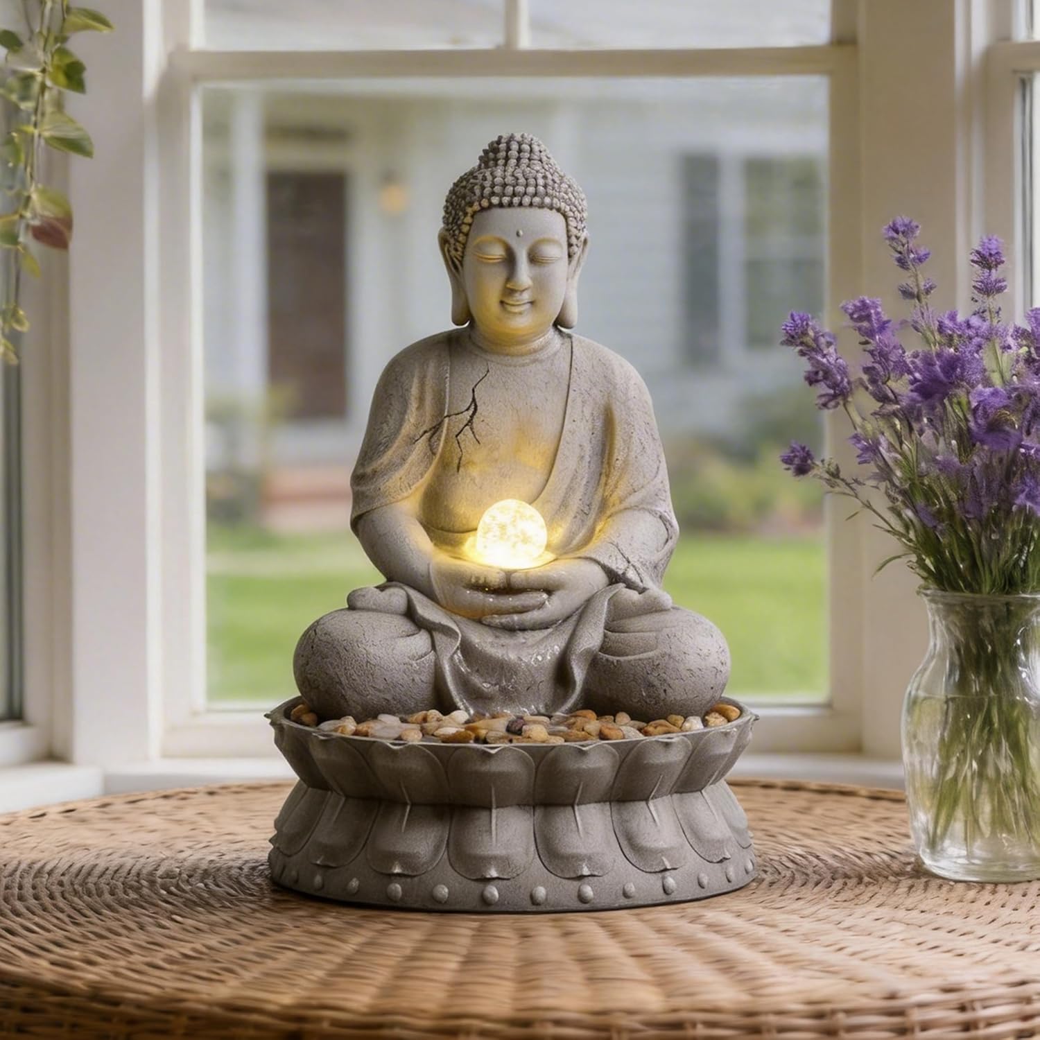 Buddha Statue Outdoor Water Fountain with LED Light, Gray Stone-Like with Lotus Base, Decorative Garden, Yard and Patio