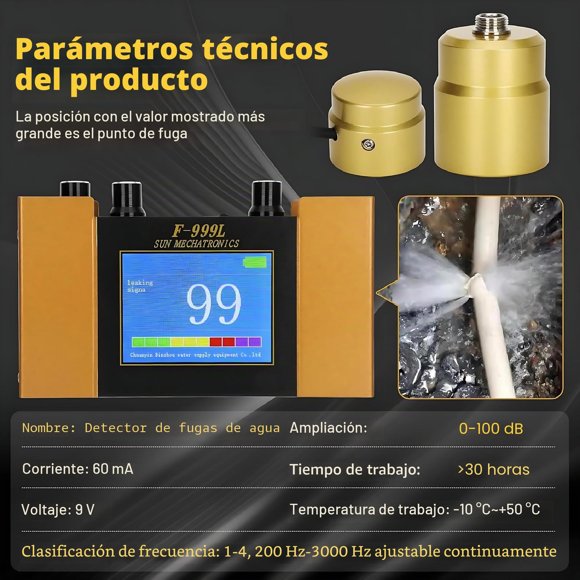 Detector De Fugas De Agua Subterránea Profesional, Sensor Geófono De Fuga De Agua Eléctrico para Exteriores, Sensor De Fuga De Agua Preciso Y Confiable para Tuberías