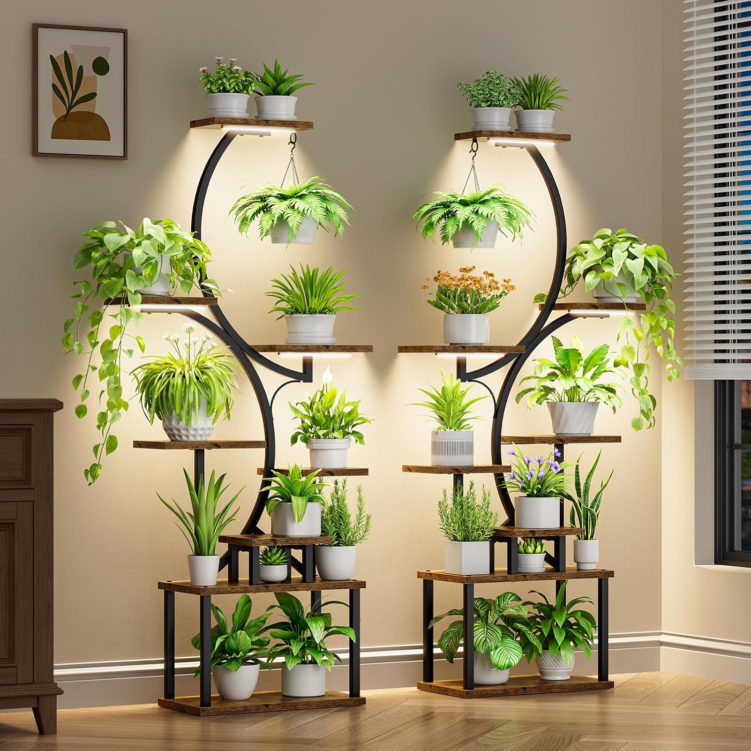 BACEKOLL 2-Pack 62" S-Shaped Plant Stand with Grow Lights - 8-Tier Indoor Corner Shelf for 16 Pots, Home Office Plant Display