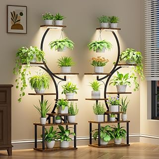 BACEKOLL 2-Pack 62" S-Shaped Plant Stand with Grow Lights - 8-Tier Indoor Corner Shelf for 16 Pots, Home Office Plant Display
