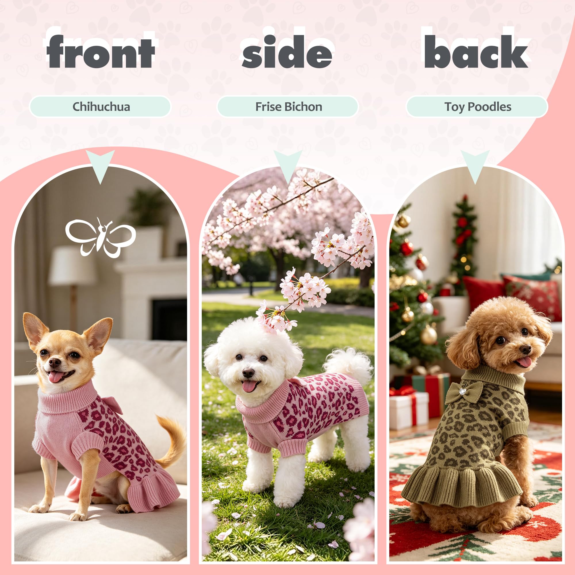 WOYYHO Hundepullover für kleine Hunde und Mädchen mit Fliege, Rollkragen, Leopardenmuster, Hundepullover mit Loch für die Leine, warm, gestrickt, Welpenpullover, Haustier, Hunde, Winterkleidung für