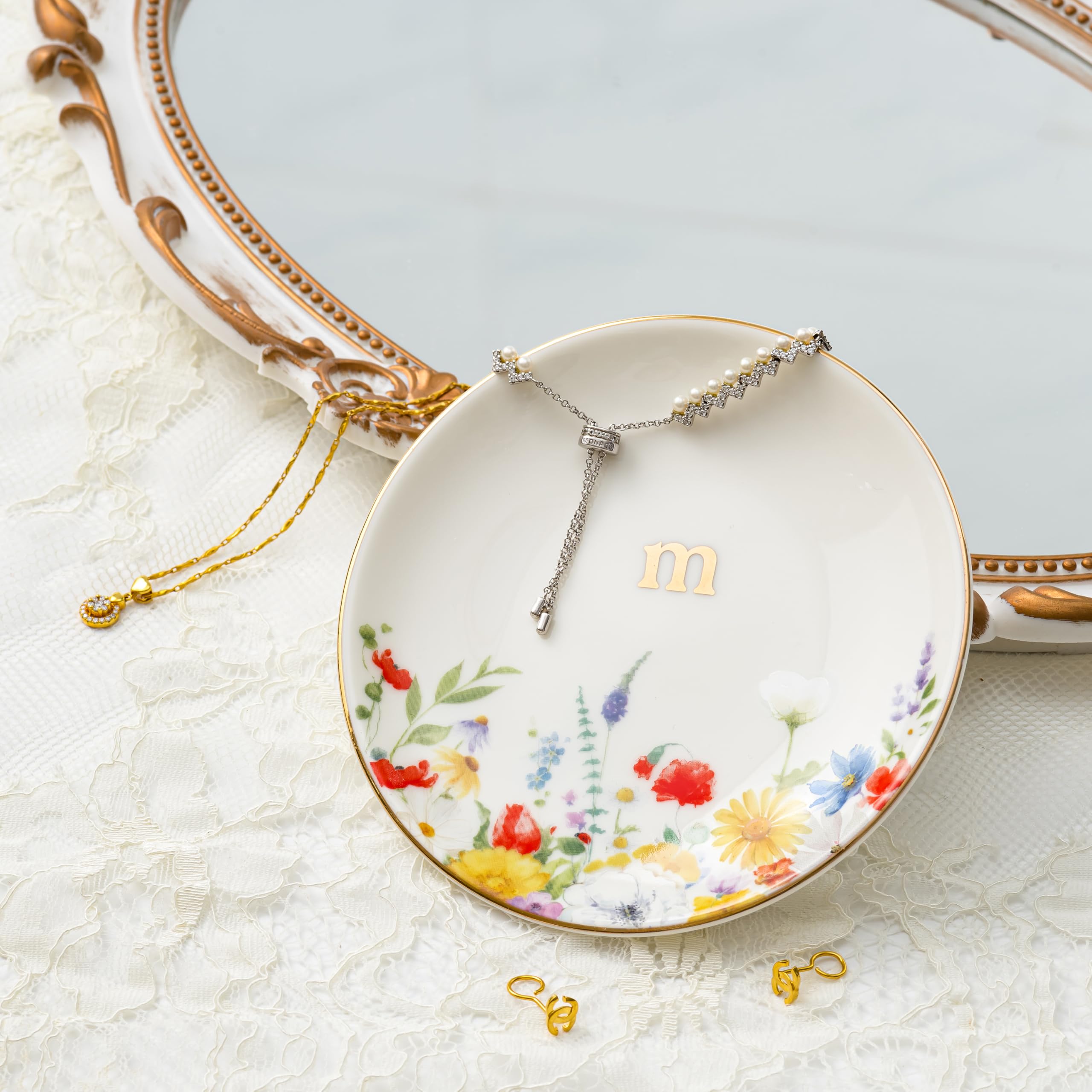 Personalized Initial Ring Dish - Ceramic Jewelry Tray With Floral Design, Gift Box Included, For Rings & Earrings - View #4